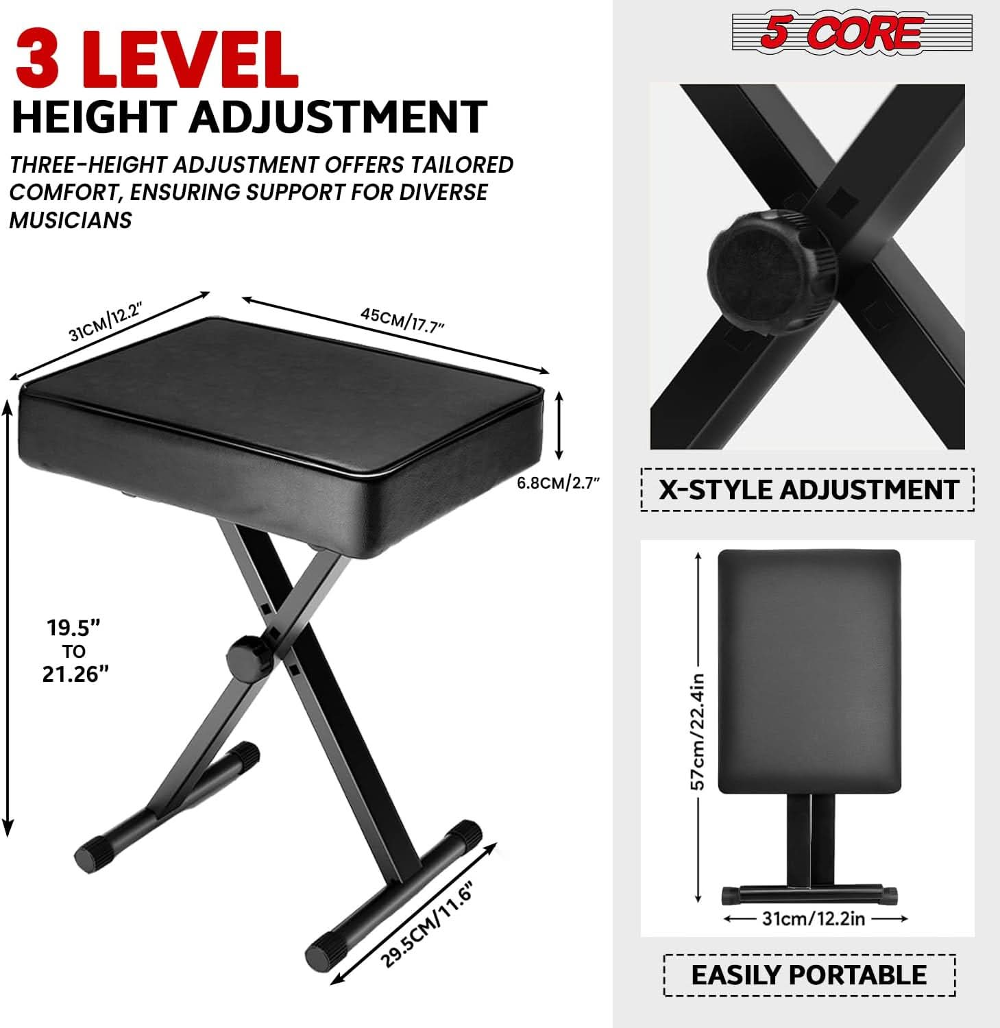 5Core Keyboard Stand Adjustable z Style Piano Riser + Keyboard Piano Bench