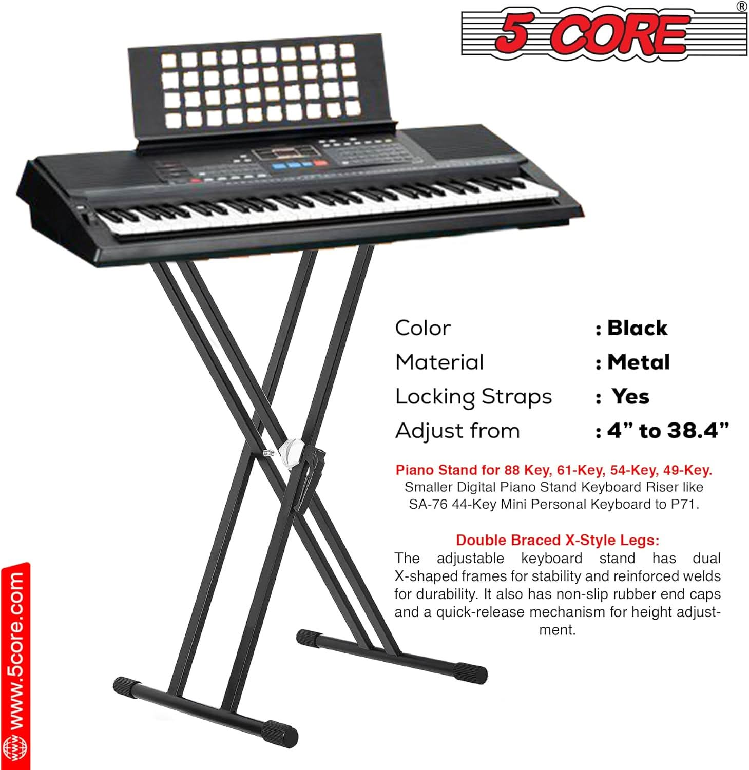 5Core Keyboard Stand Double X Style Adjustable Piano Riser + Keyboard Piano Bench