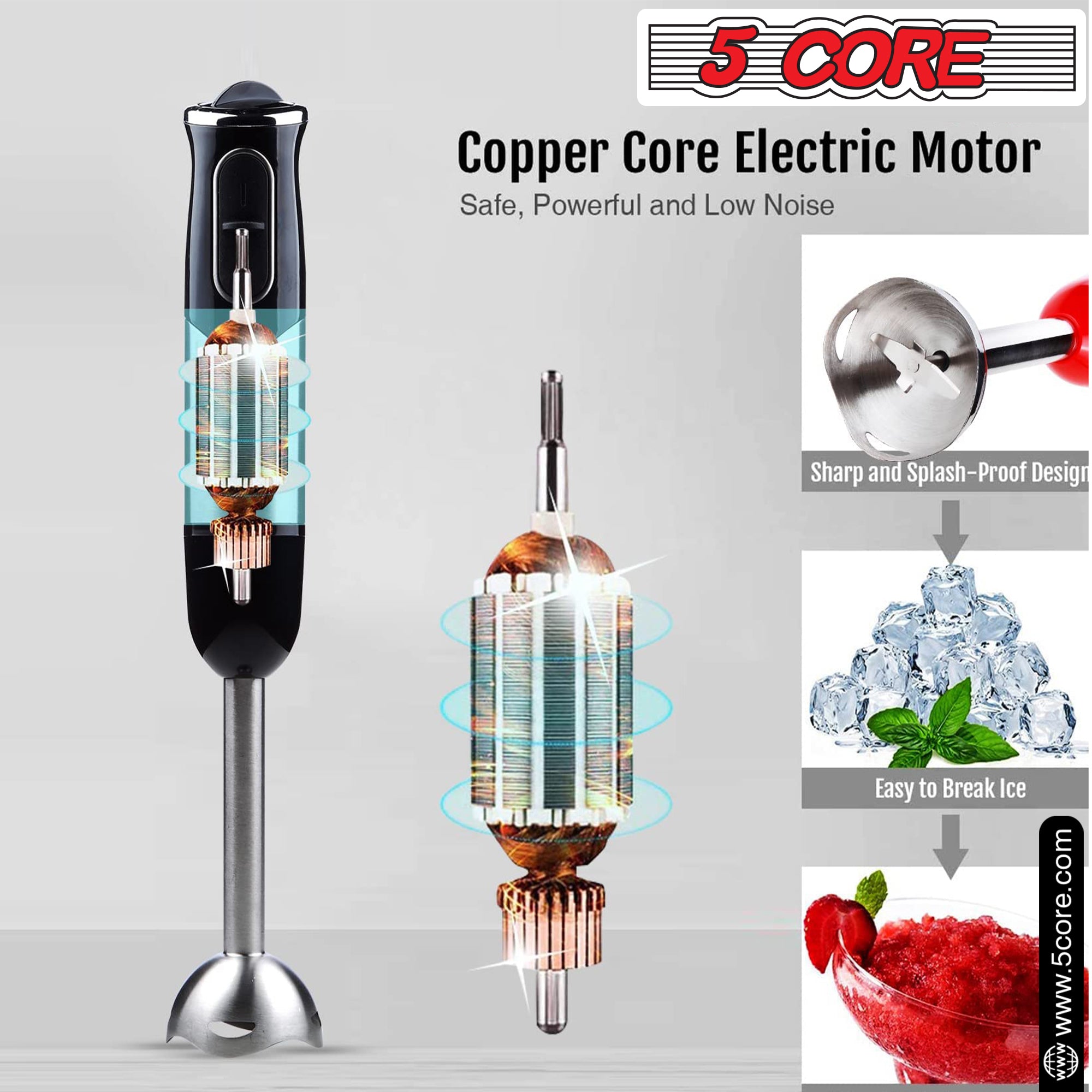 5 Core 500W Immersion Blender Handheld w/ Stainless Steel Blades, High-Performance Motor