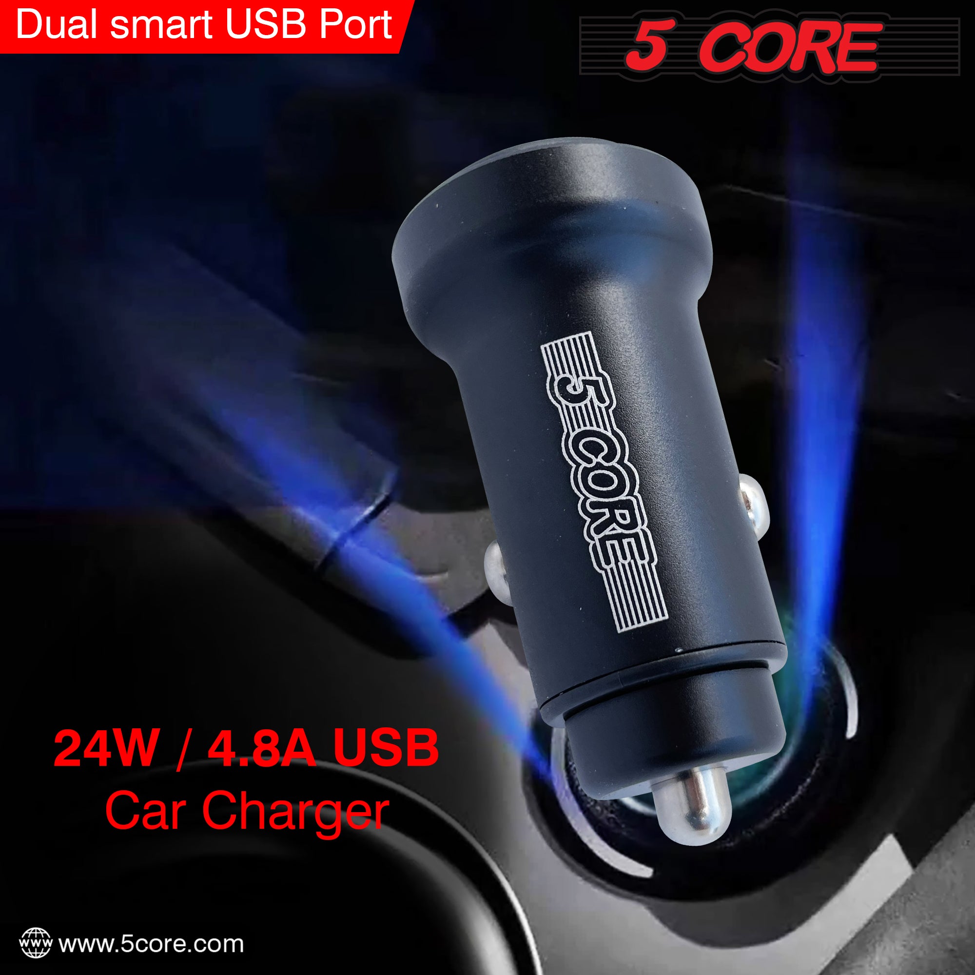 5 Core USB Car Charger 2 Pack Cigarette Lighter Dual USB Port Adapter 12/24 V Fast Charging