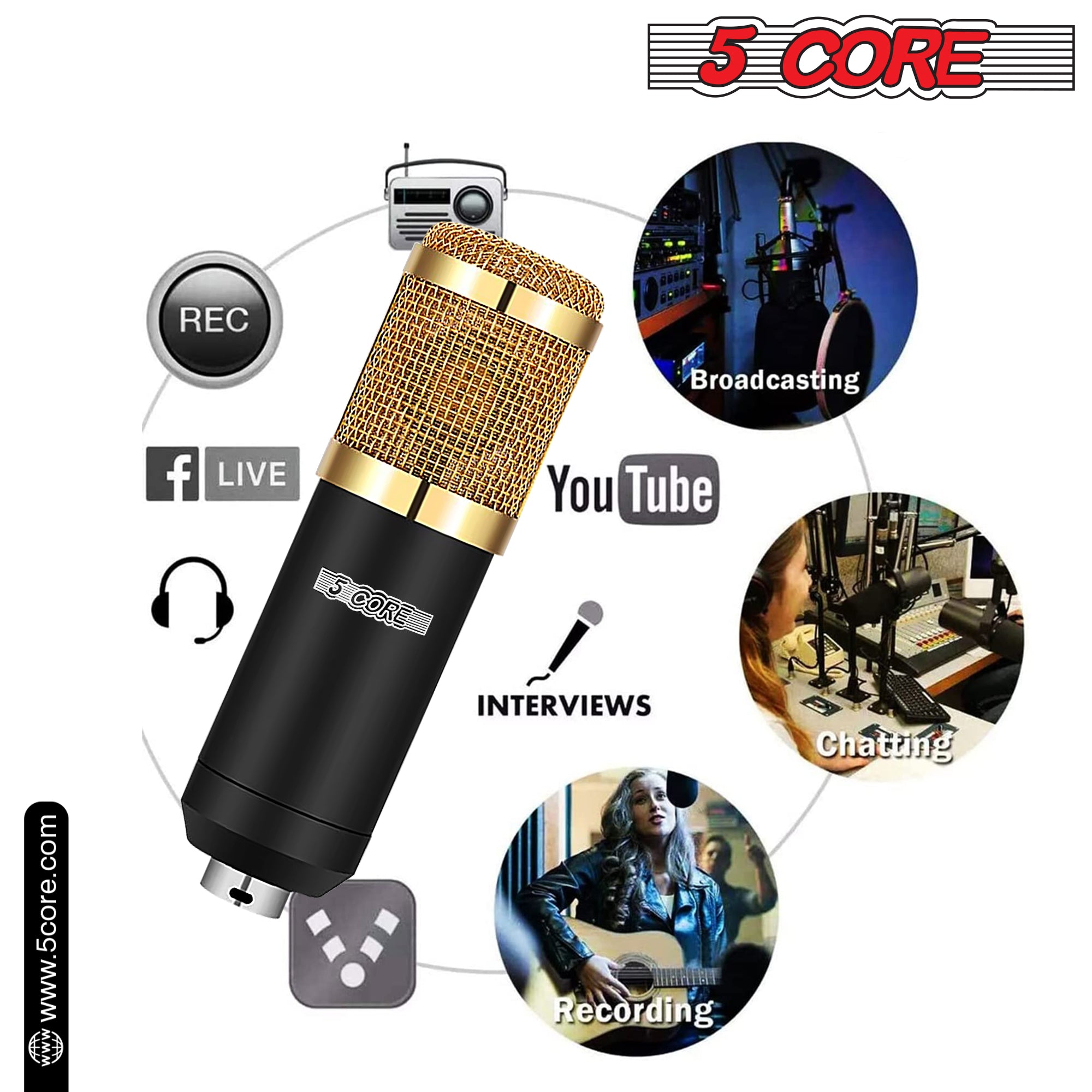 5 Core Studio Recording Kit Podcast Equipment Bundle w Live Sound Card Recording Microphone Desk Arm Shock Mount Sponge XLR Cable Mini Tripod -RM 8 BG