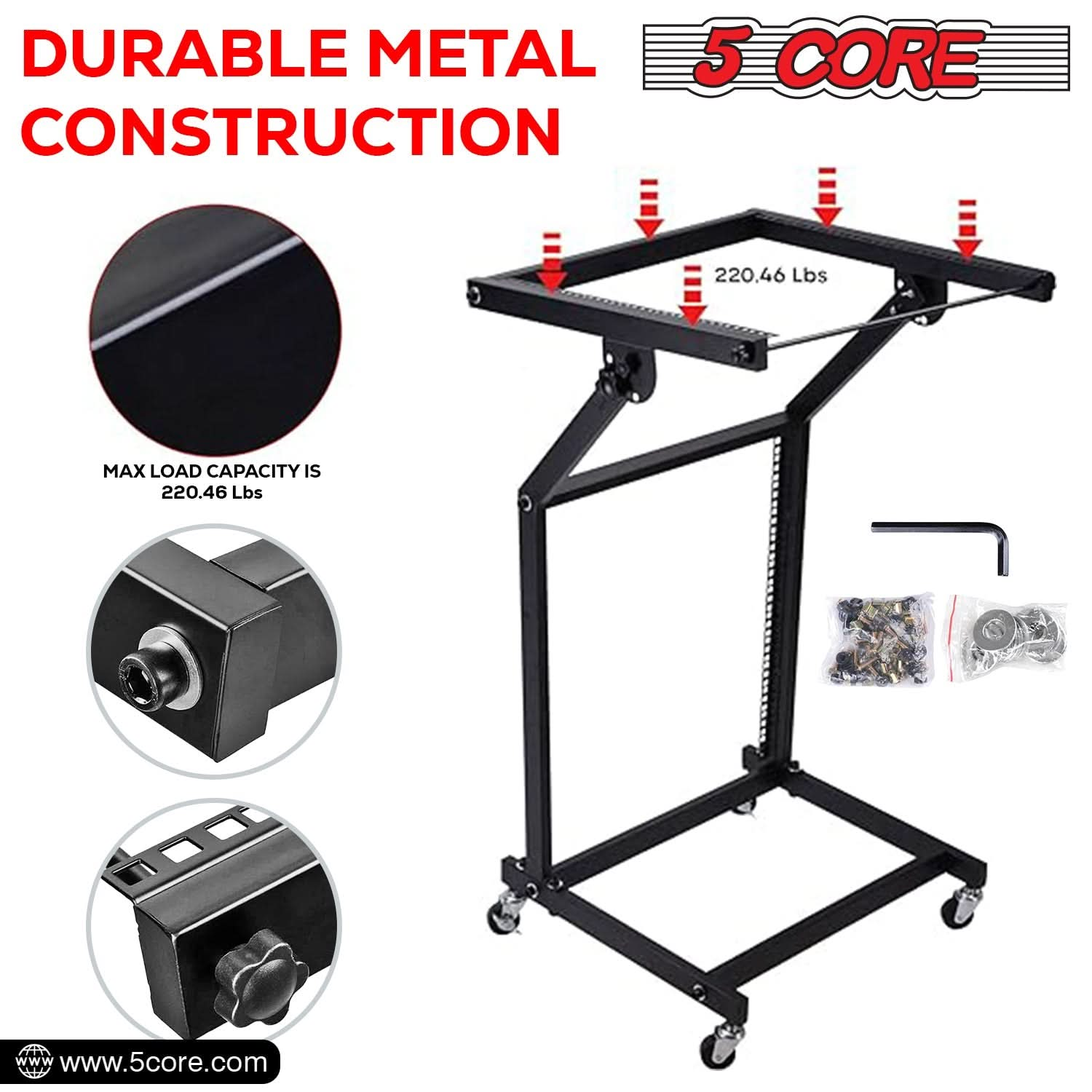 5Core DJ Mixer Stand 12U Adjustable Rack Mount Rolling Stage Cart Pro Audio Studio Equipment w Wheel