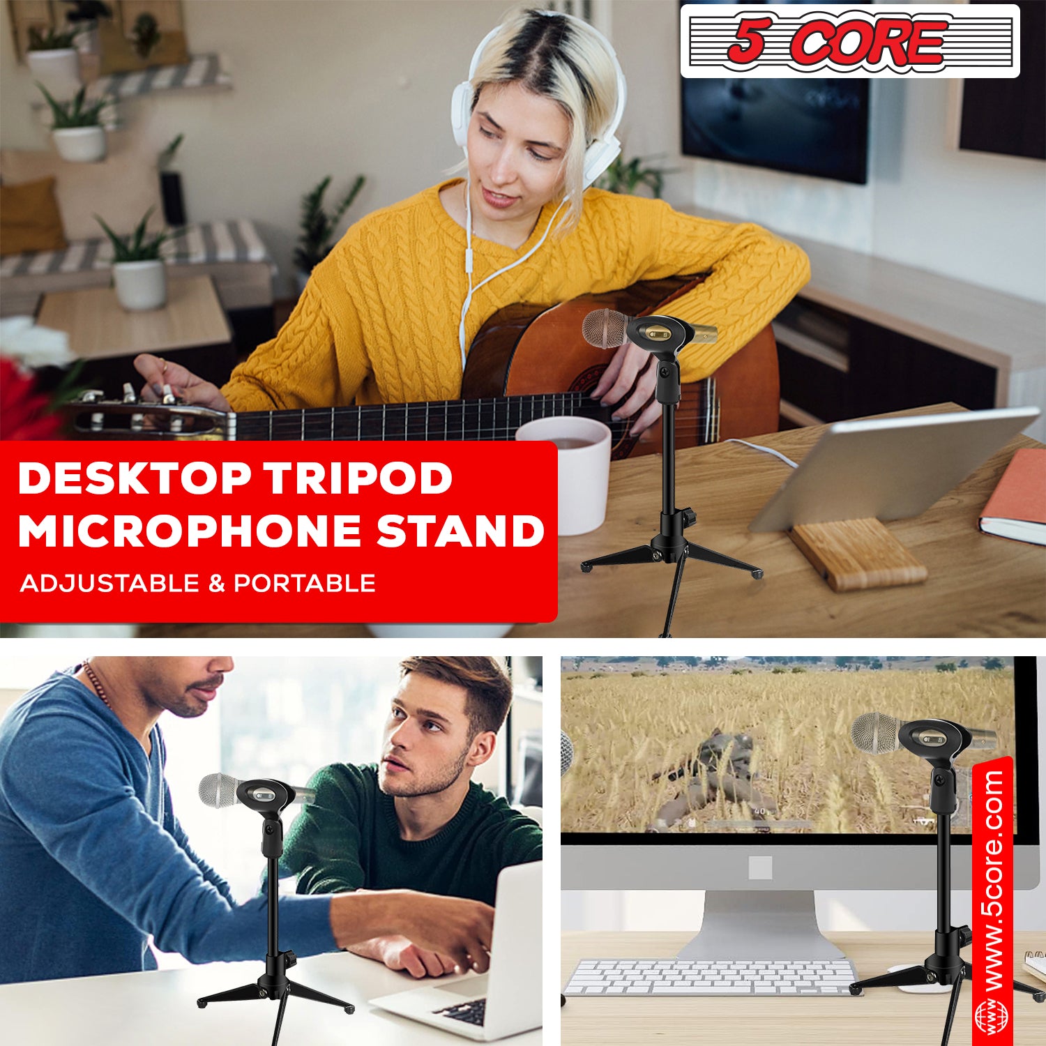 Adjustable table tripod microphone stand: Enhances audio quality.