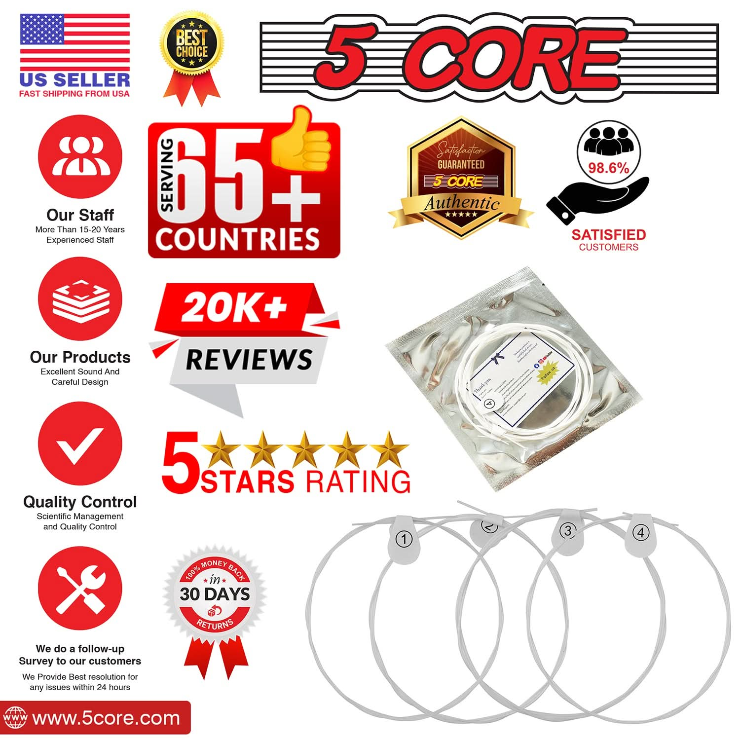 5Core Ukulele Strings Nylon  w Deep Bright Tone  Consistent Feel  Reliable Durability Uku String