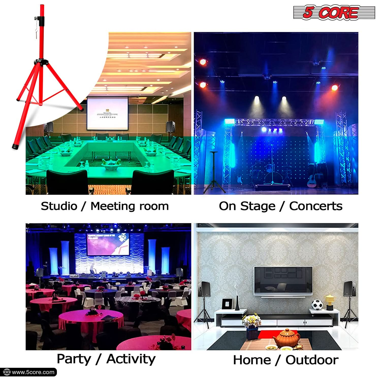 5Core Speaker Stand Tripod Tall Adjustable 72 Inch DJ Pole Mount Studio Monitor Stands RED