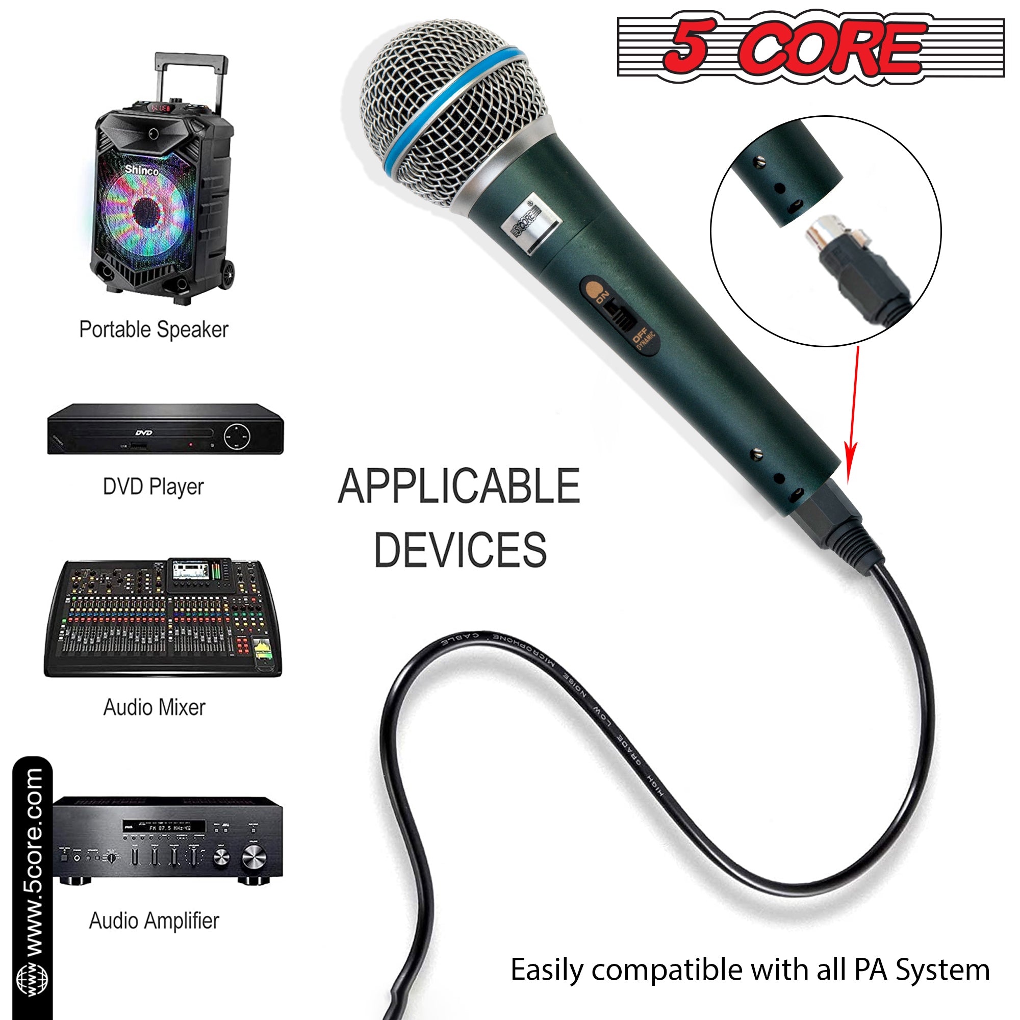 5 Core Microphone 1 Piece Green Karaoke XLR Wired Professional Studio Mic w ON/OFF Switch Integrated Pop Filter Dynamic Cardioid Unidirectional Handheld Micrófono for Singing DJ Speeches Includes Cable Mic Holder Bag - BETA