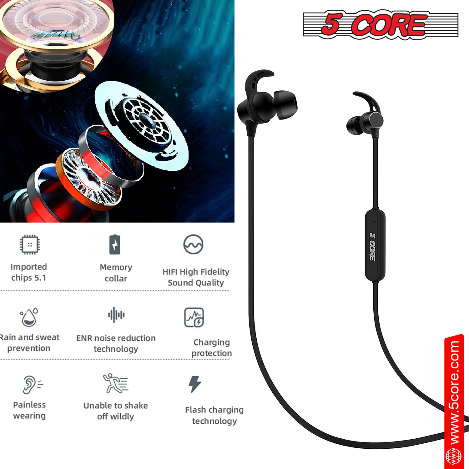 5 Core Wireless Bluetooth Headphones 12H Playtime Wireless Neckband Earbuds w Mic for Calls