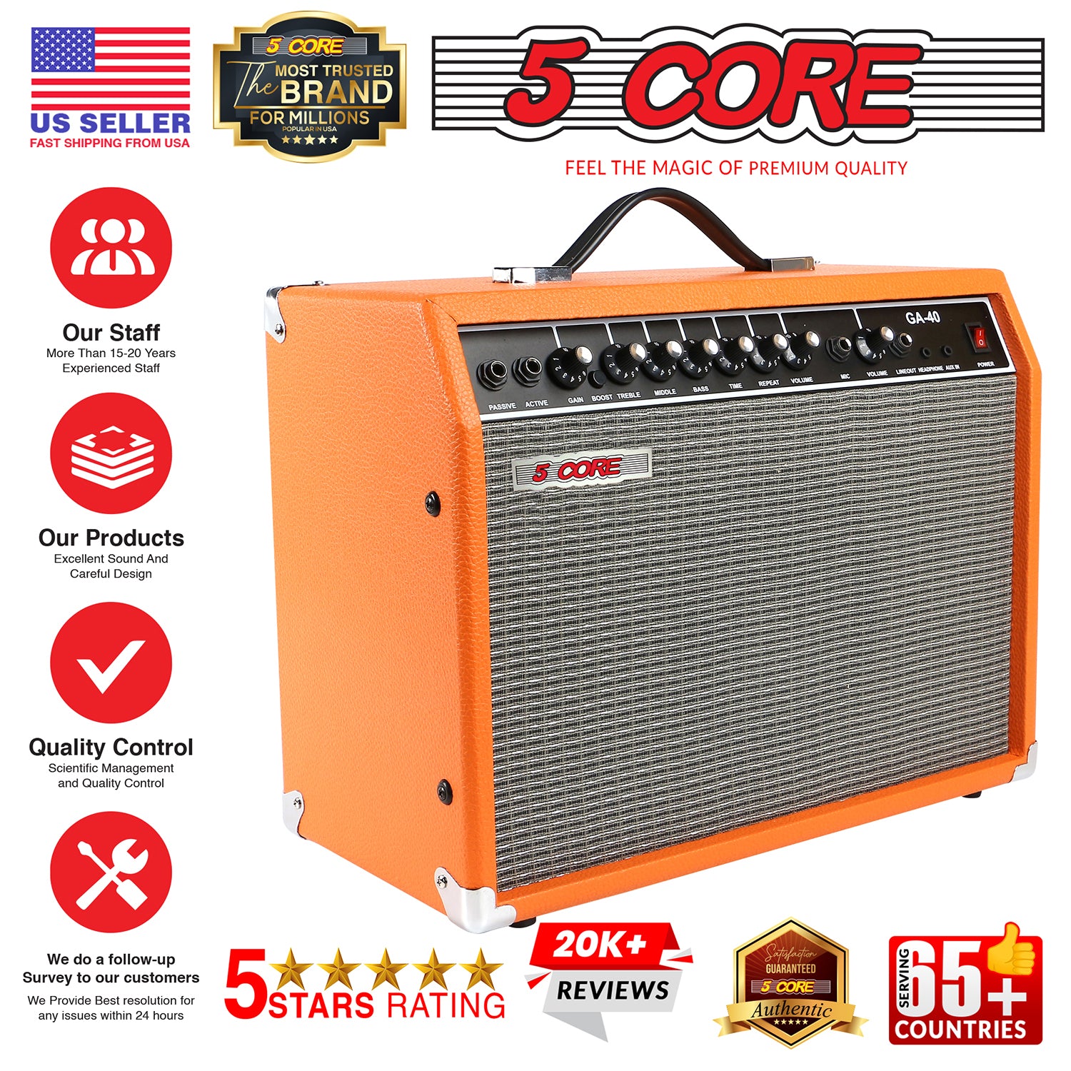 5 Core Mini Guitar Amp Orange 40W Portable Electric Bass Amplifier w 8” 4 Ohm Speaker w EQ Control
