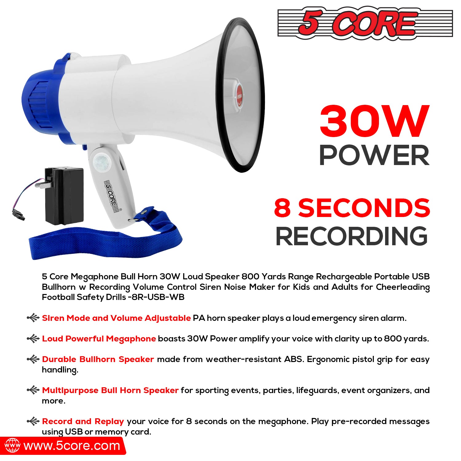 5Core Megaphone Portable Battery Power 30W Bullhorn w Siren Volume Adjustable Bull Horn Loud Speaker 800Ft Range