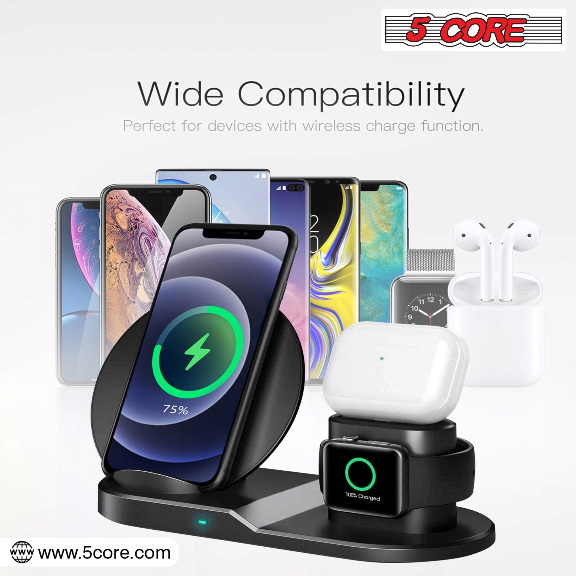 5 Core Wireless Charging Station • 10W 3 in 1 Fast Phone Watch Earpod Wireless Charging Stand