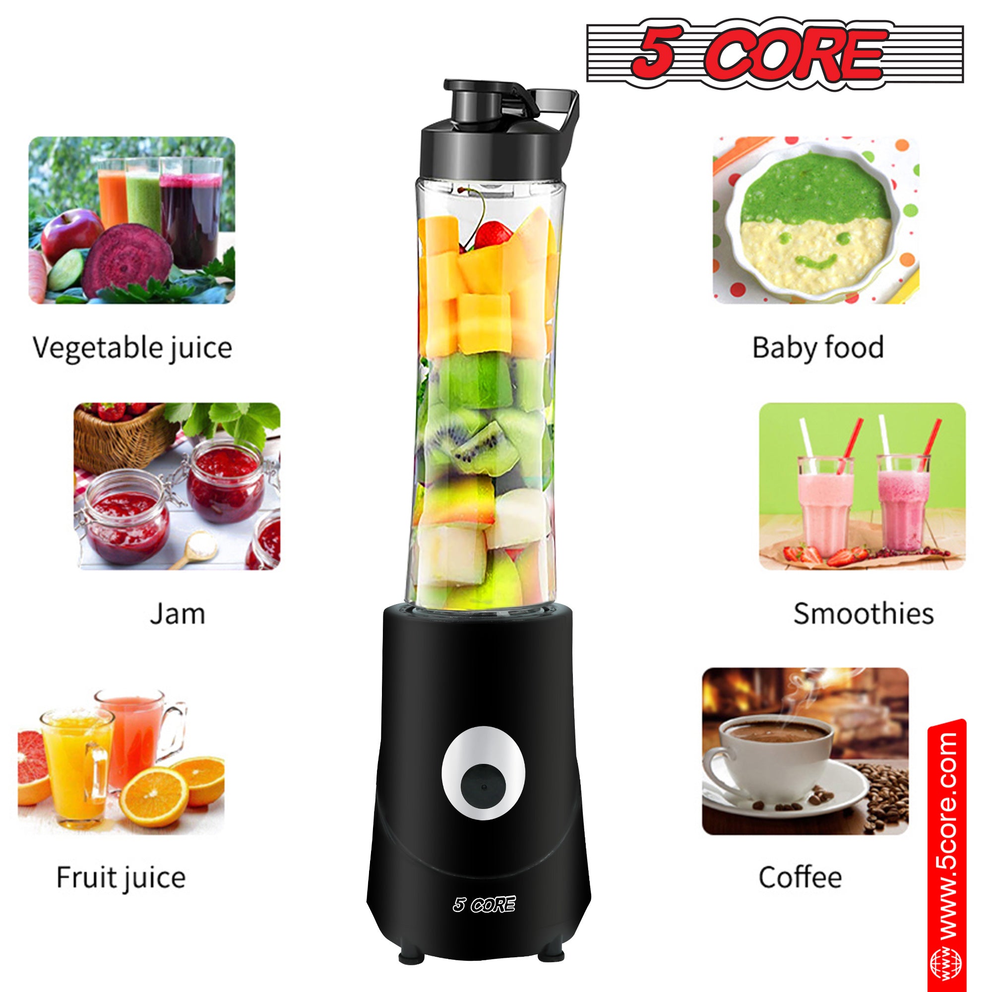 5 Core Smoothie Blender Personal Blender for Shakes and Smoothies 300W Powerful Food Processor with 20oz Portable Sports Bottle