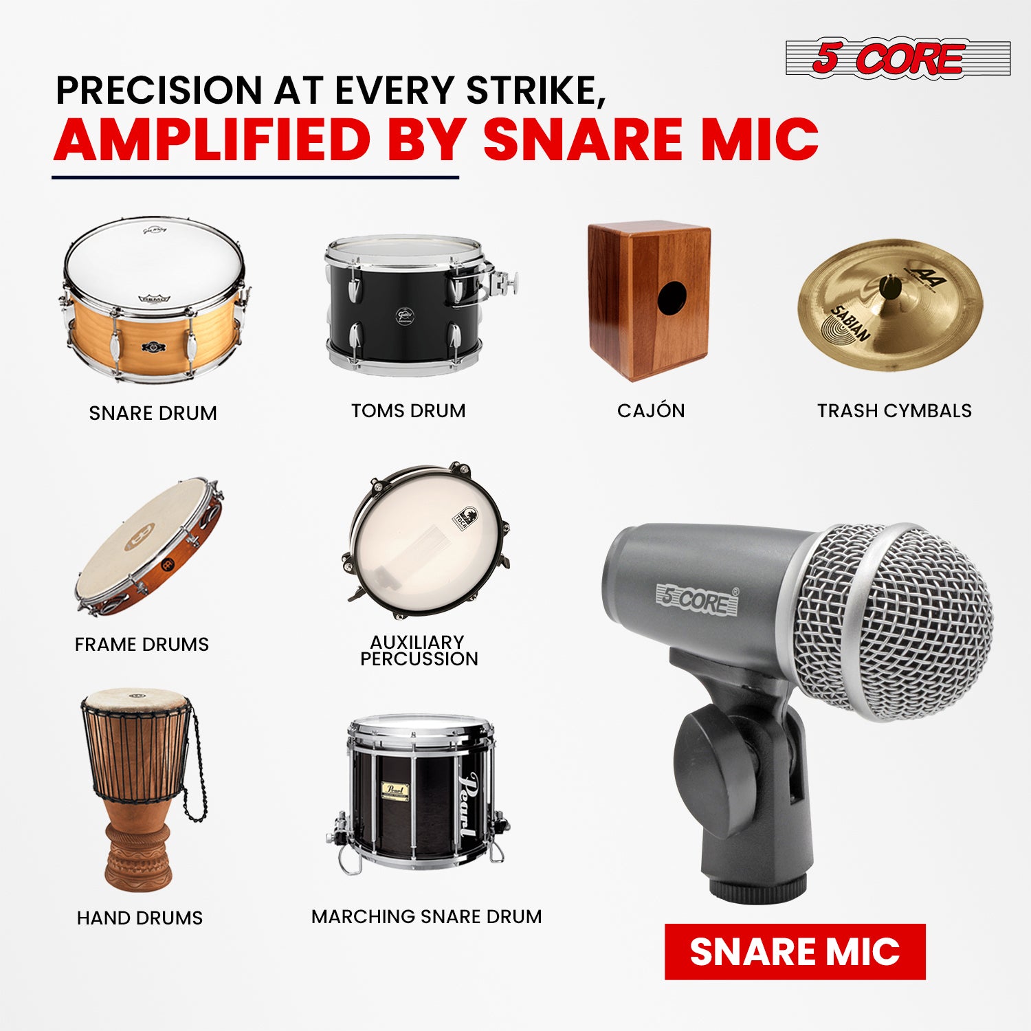 5 Core Snare Tom Mic  Cardioid Dynamic Microphone for Drum Kit  Precision Instrument Sound Pickup