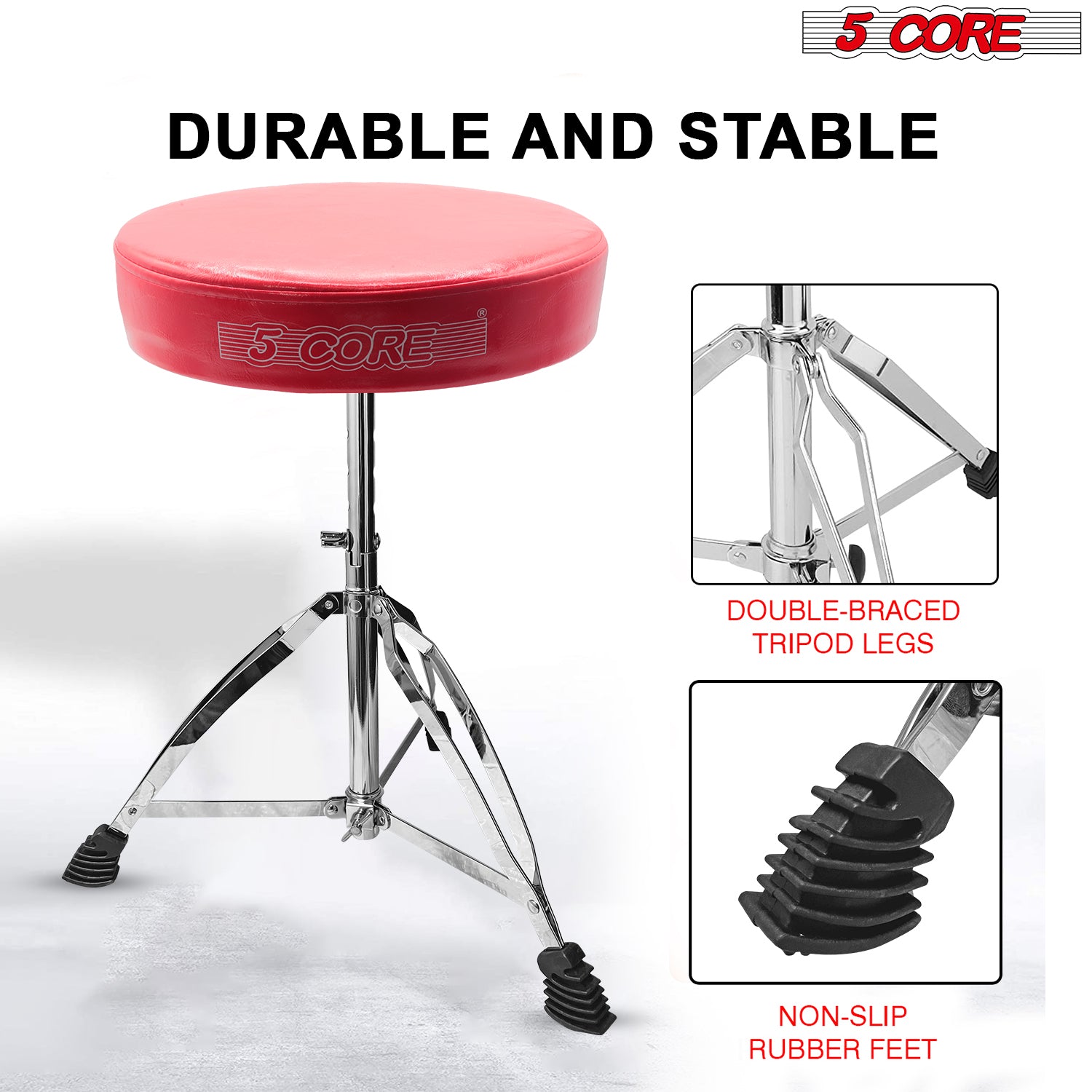 5 Core Drum Throne Brown | Height Adjustable Padded Seat Drum Stool | Folding Portable Drummer Throne with Anti-Slip Feet | with two Drumsticks, Drum Chair for Kids and Adults- DS CH RED