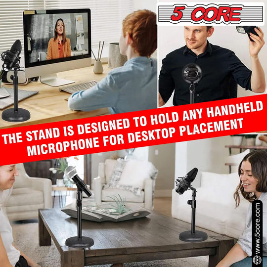 Desktop Mic Stand with Clip: Height Adjustable Round Base Stand by 5 Core