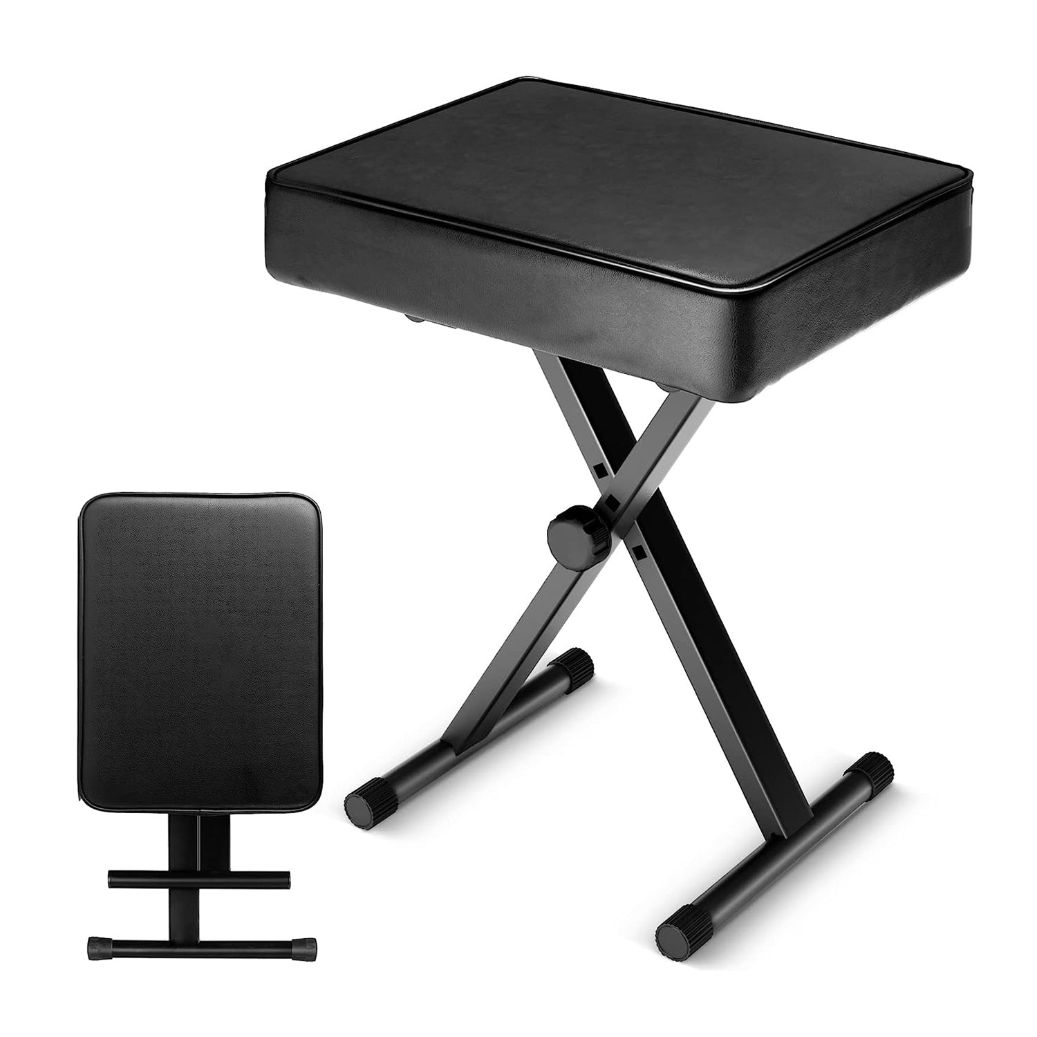 Adjustable keyboard stand with padded piano stool for comfortable music play.