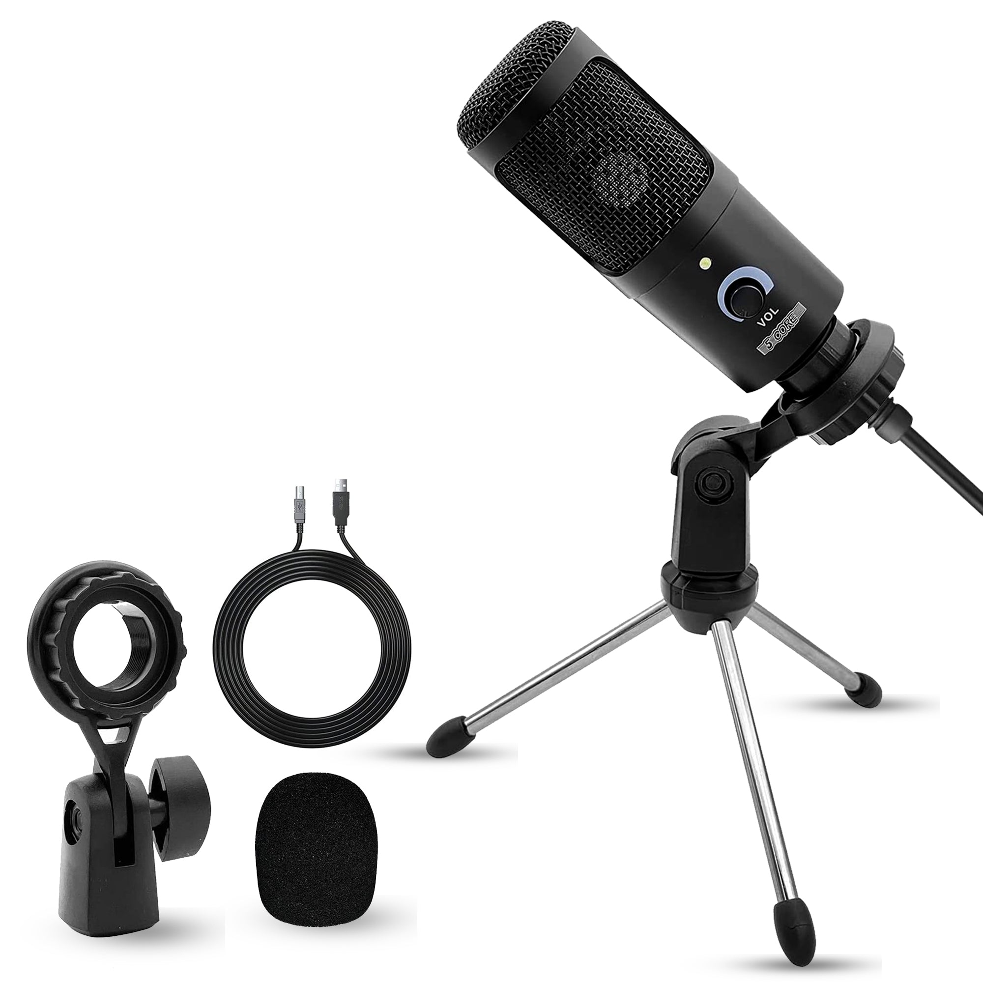 5 Core Recording Microphone Podcast Bundle w Condenser Mic • Desk Stand • Foam Cover • Shock Mount