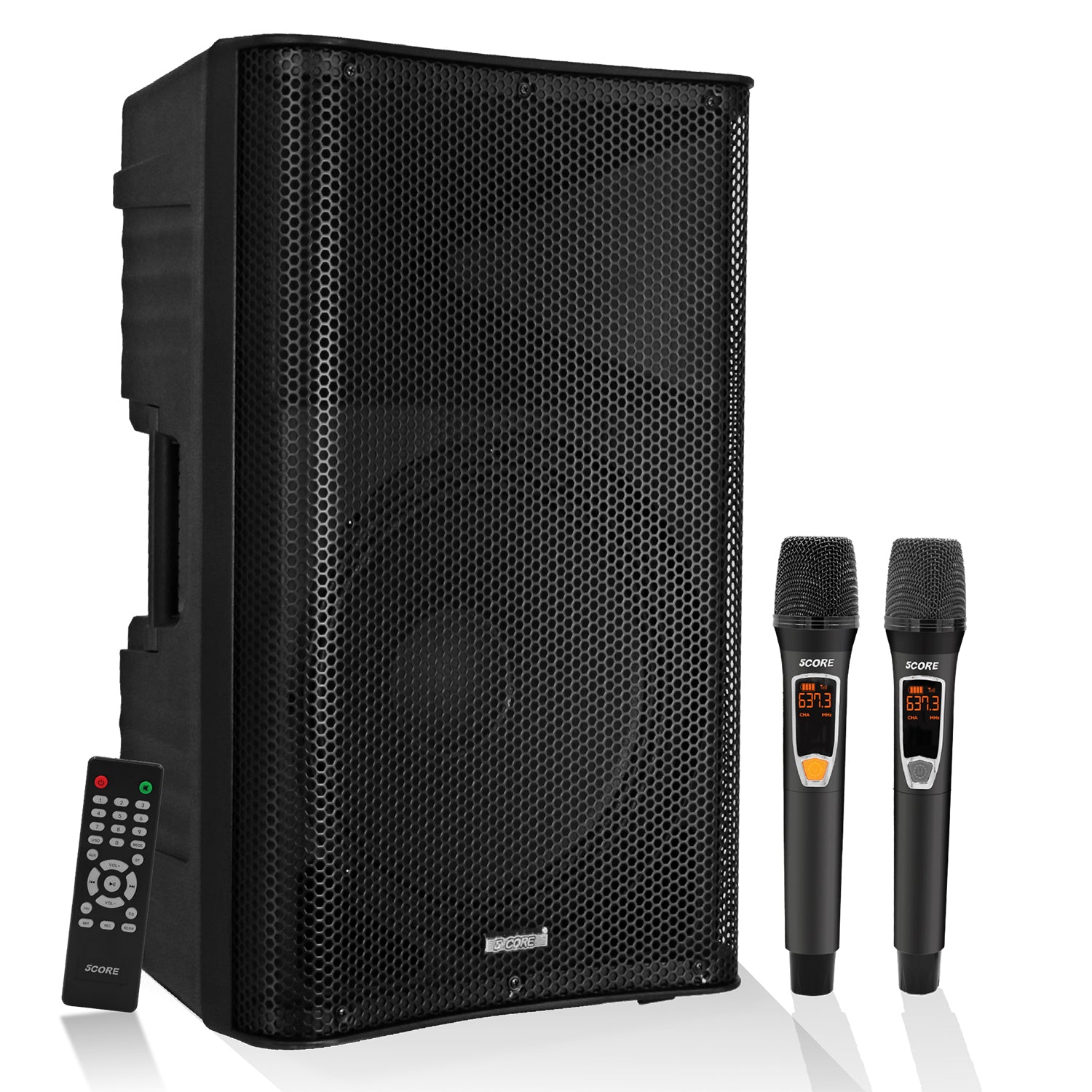 5 Core Powered PA Speaker 200W RMS Portable Active Powered DJ Audio System w Bluetooth 5.1 Two Wireless UHF Mics and Remote
