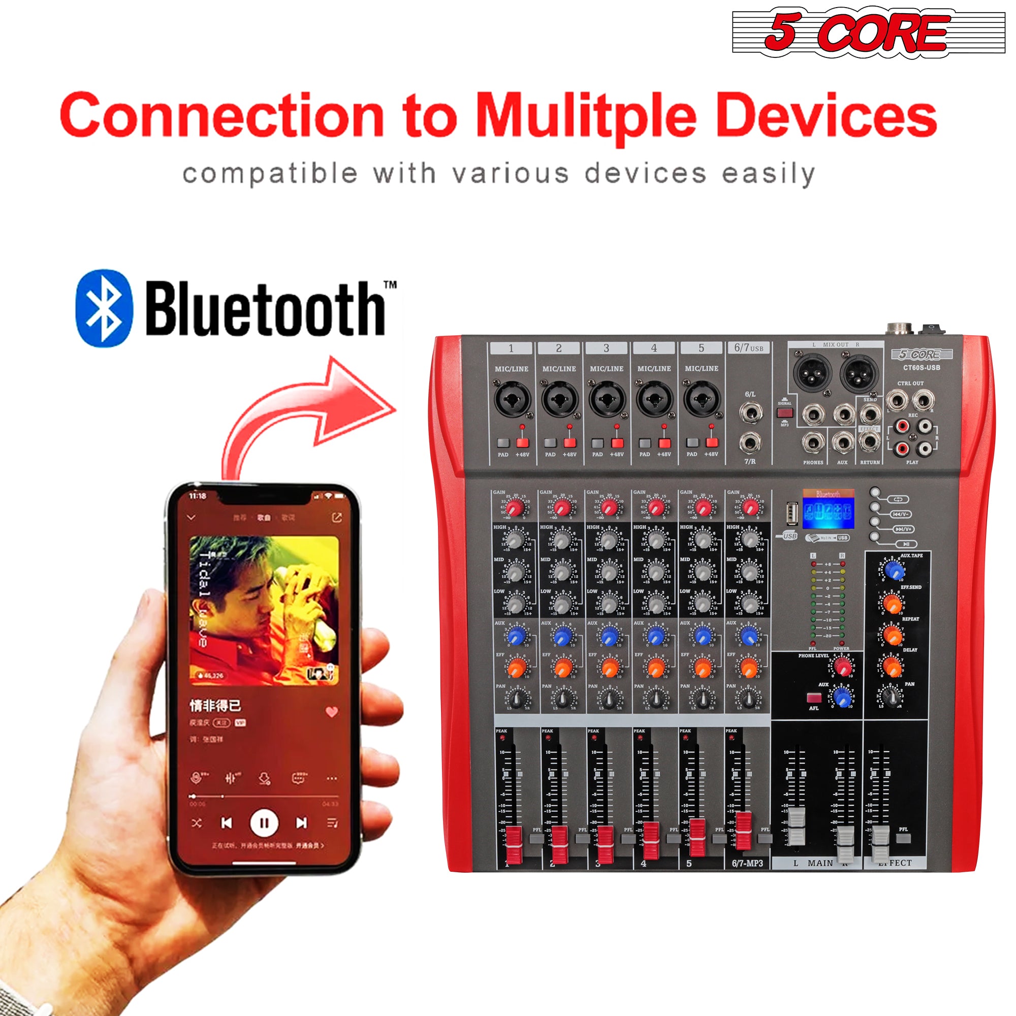 5 Core Audio Mixer DJ Equipment Digital Sound Board Karaoke XLR Mixers Professional 6 Channel Bluetooth USB w Effects for Recording Music Studio PC Podcast Instruments Consola De Sonido - MX 6CH