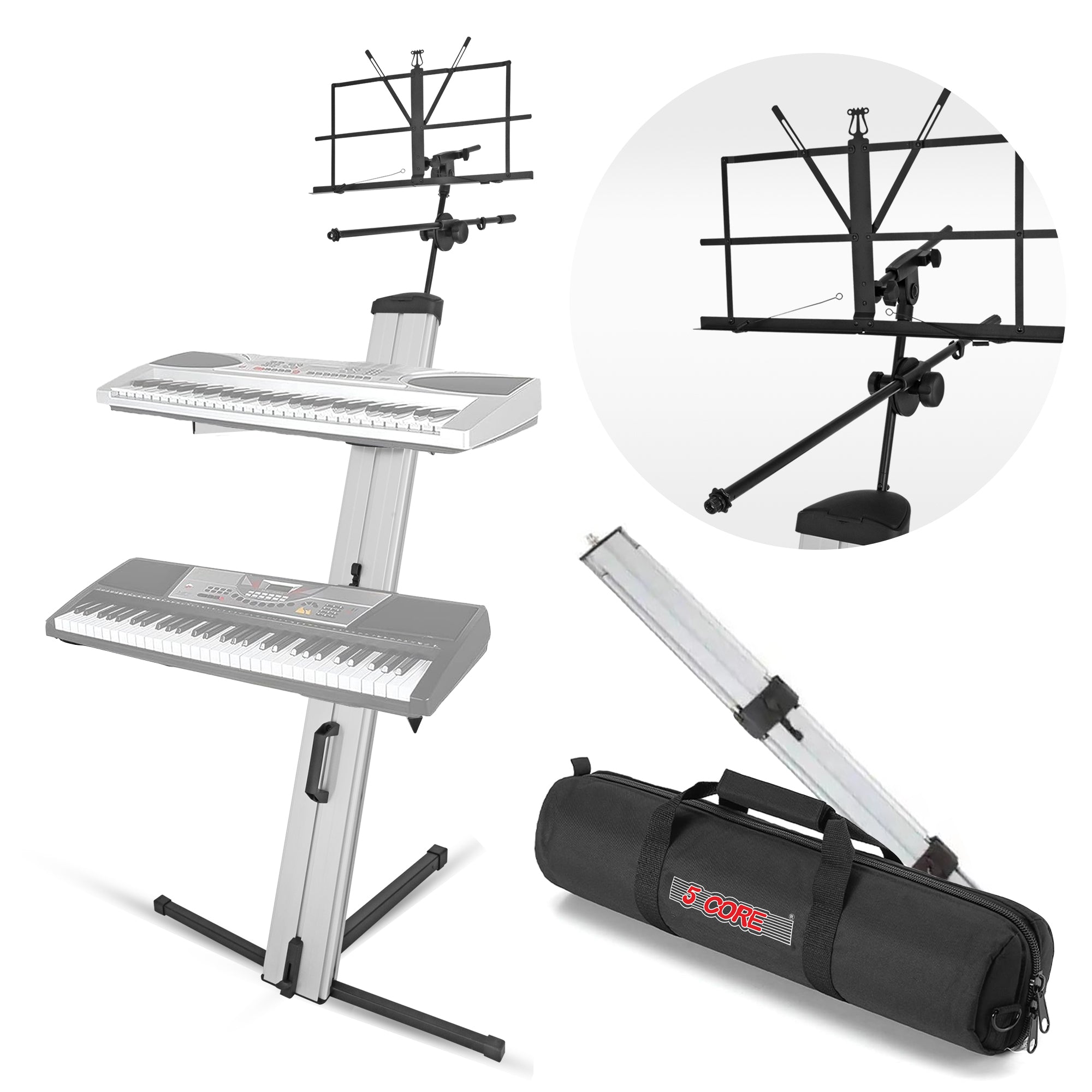5 Core Column Keyboard Stand Riser 2 Tier w Mic Boom Arm Sheet Music Holder • Two Stage Tower Rack