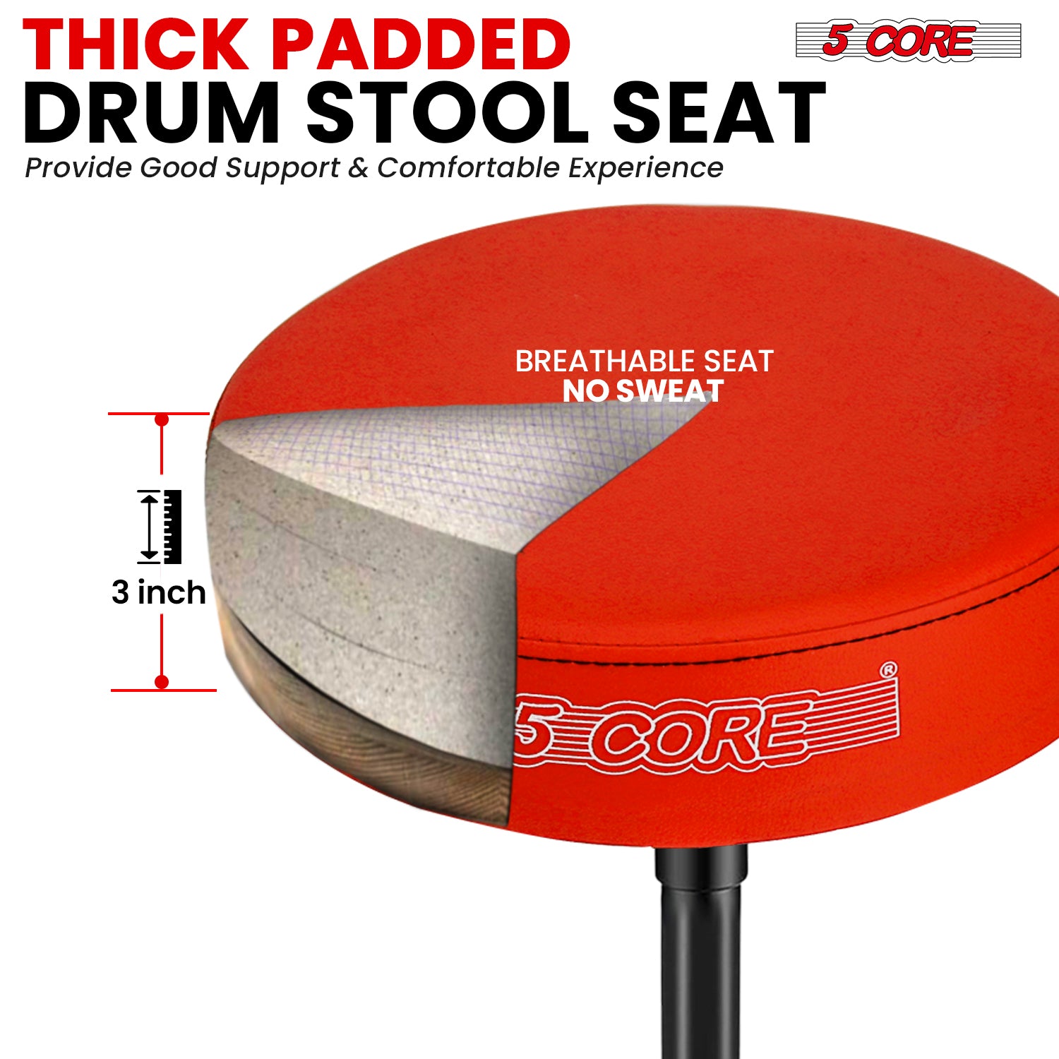 5Core Drum Throne Adjustable Guitar Stool Padded Drummer Seat for Adults & Kids RED