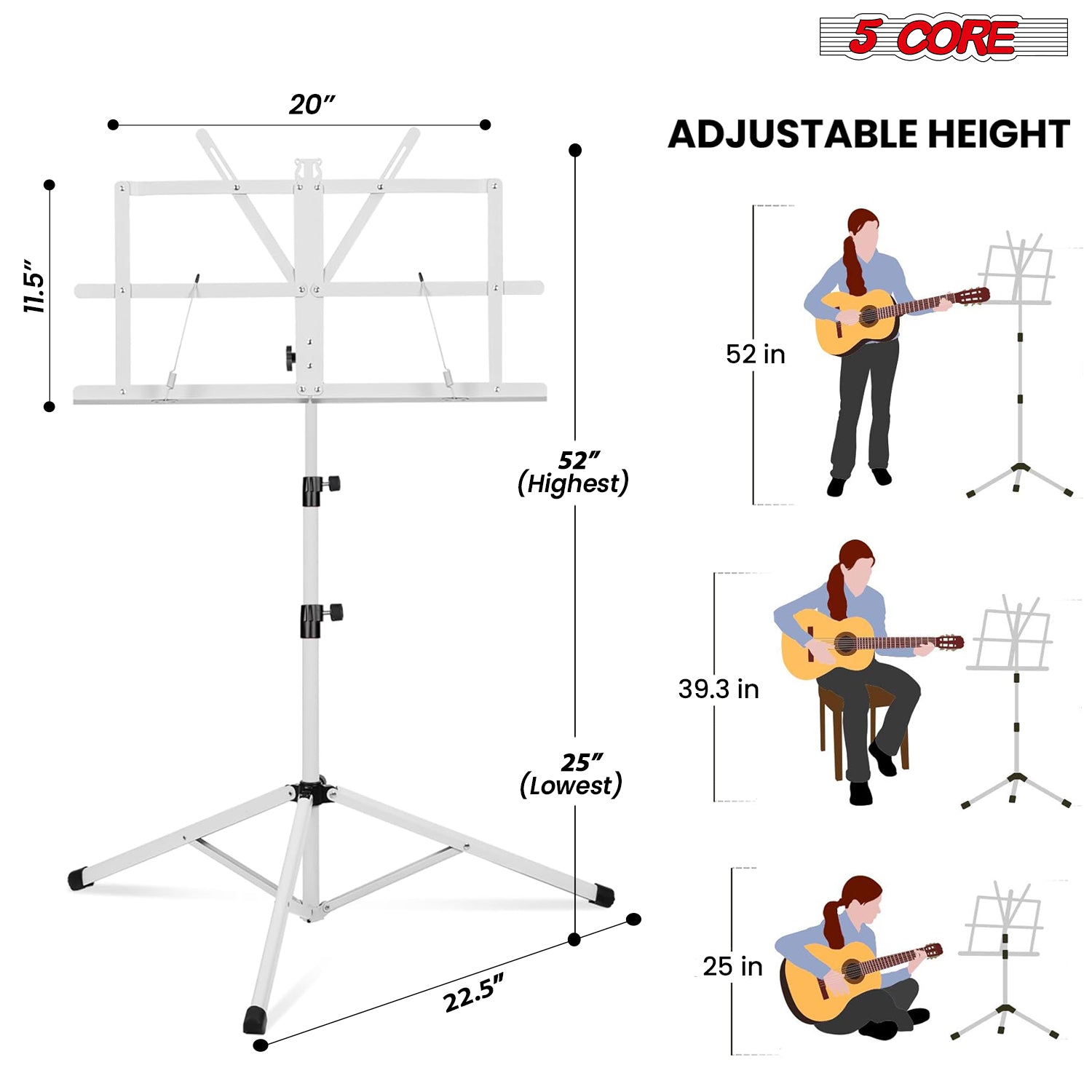 5Core Music Stand For Sheet Music Portable Tripod Adjustable Folding Note Holder WHITE