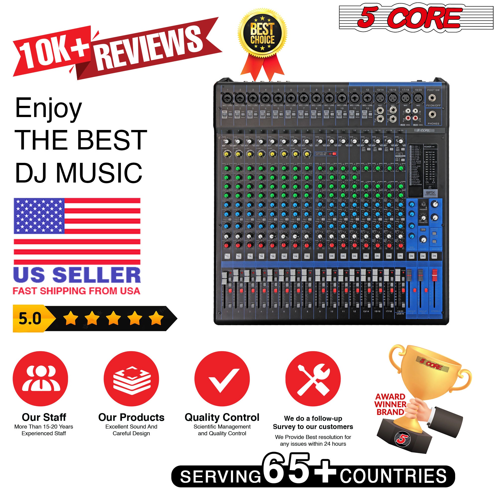 5 Core Audio Mixer DJ Equipment Digital Sound Board Karaoke XLR Mixers Professional 20 Channel 6-Bus USB Interface with Effects -MX 20CH XU