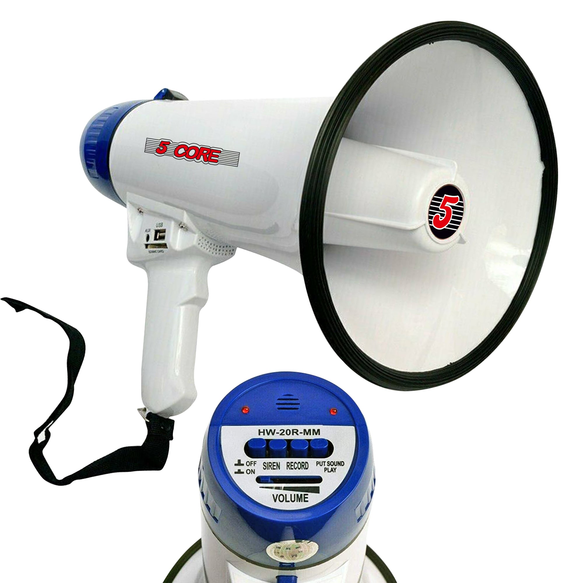 5 Core Megaphone PA Speaker 20W Bull Horn Loud Speaker Portable PA Horn w Recording Volume Control Blow Horn Siren Cheer Noise Maker - 20R-USB WoB