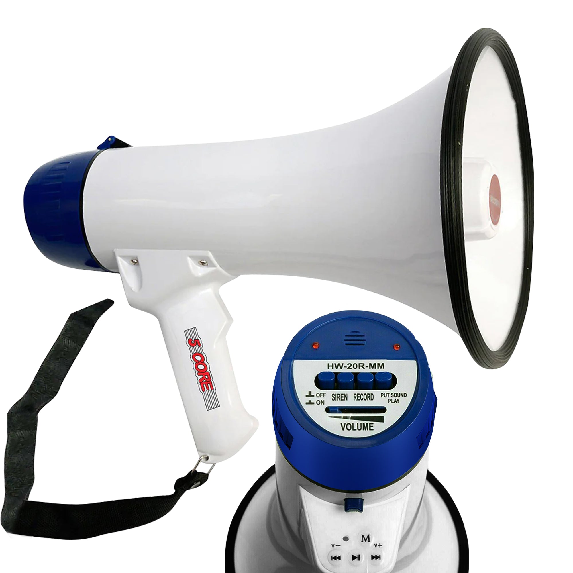 5 Core Megaphone PA Speaker 20W Bull Horn Loud Speaker Portable PA Horn w Recording Volume Control Blow Horn Siren Cheer Noise Maker -20R WoB