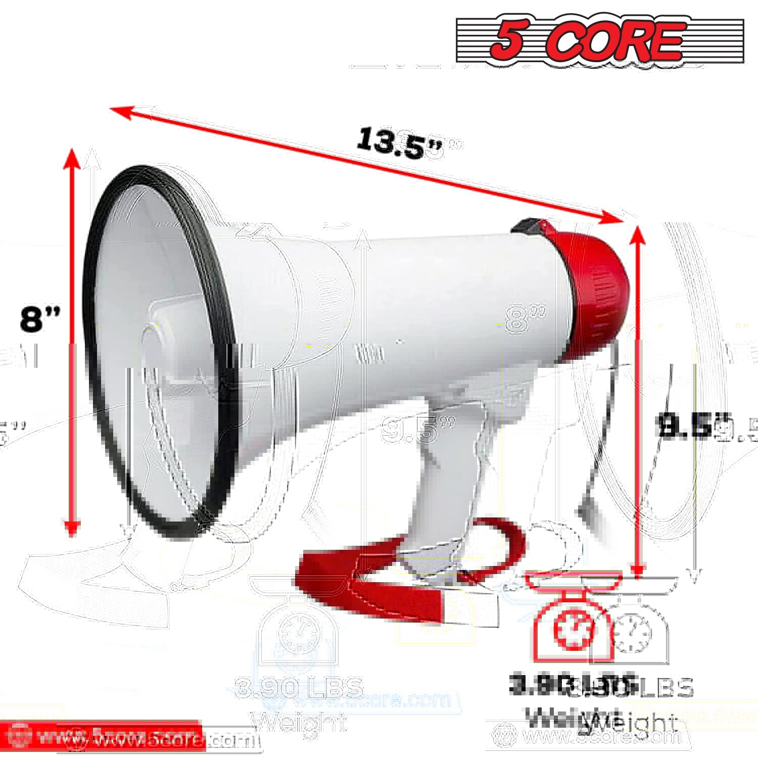 5Core Megaphone Bullhorn Speaker 40W Bull Horn Rechargeable Cheer Megafono 1000 Yard Range Loudspeaker