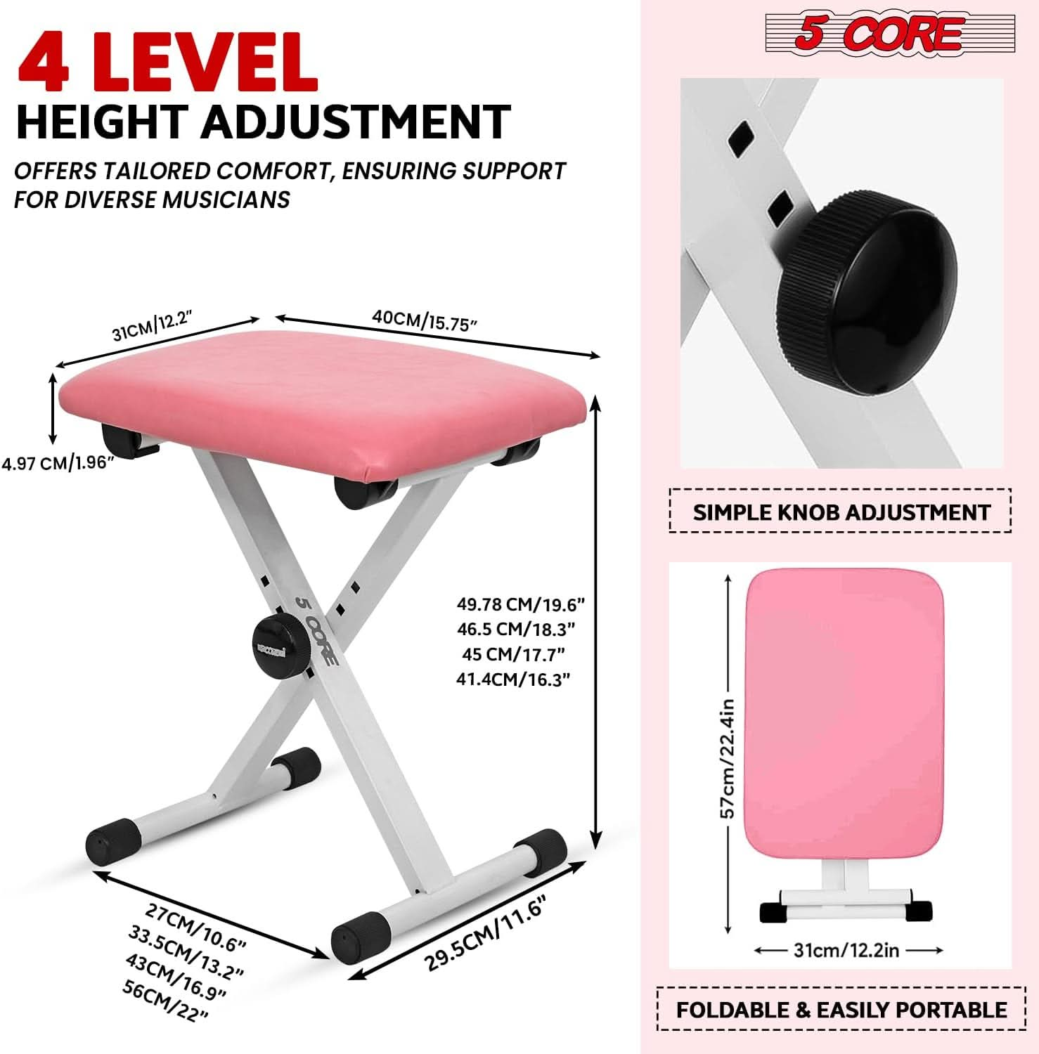 5Core Keyboard Stand Adjustable z Style Piano Riser + Keyboard Piano Bench PINK