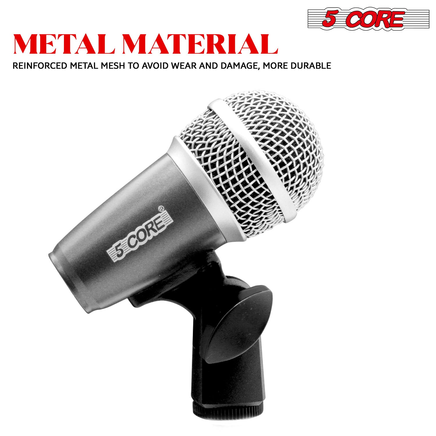 High-quality mic set including specialized mics for kick, bass, tom, and snare drums.