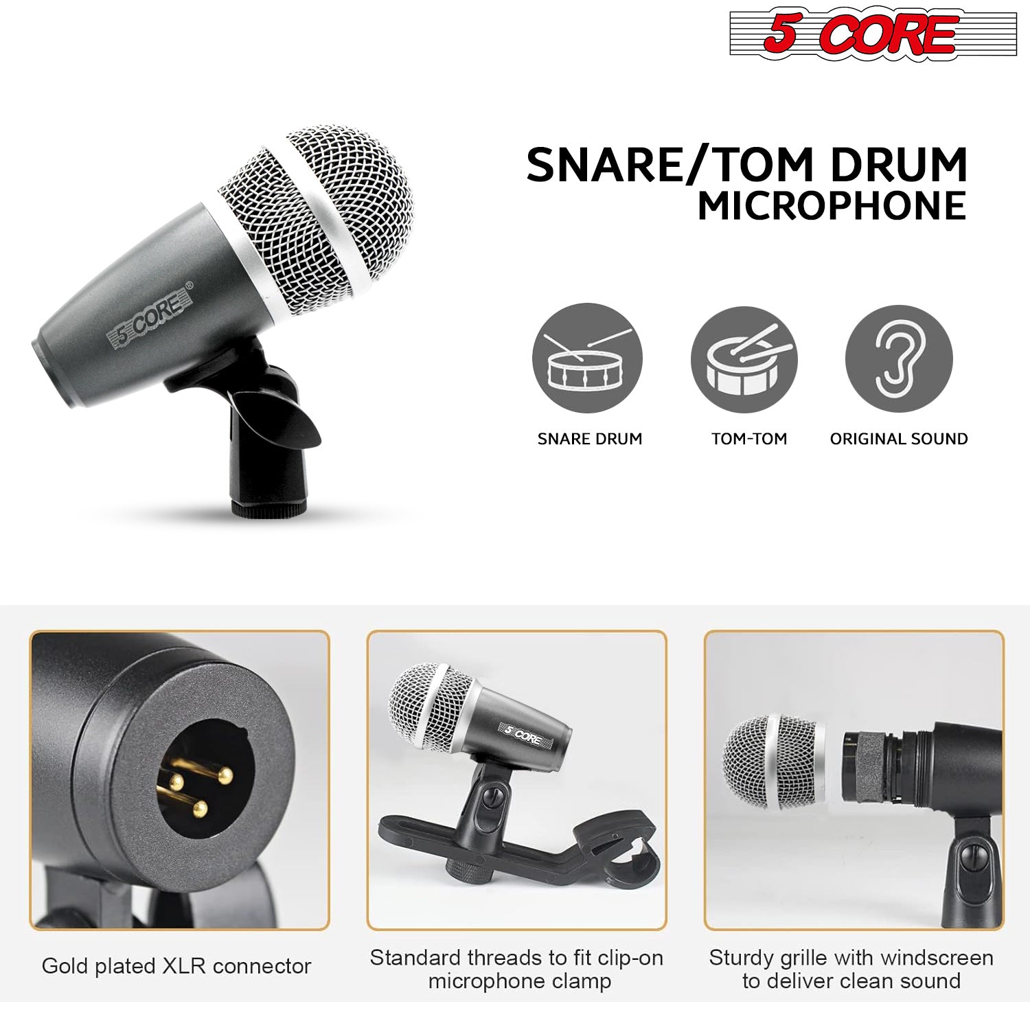 5 Core Drum Microphone Kit 7 Piece Wired Full Metal Dynamic Wired drums Mic Set for Drummers w/ Kick Bass Tom Snare + Silver Carrying Case Sponge & Thread Holder for Vocal & Instrument - DM 7RND BLK