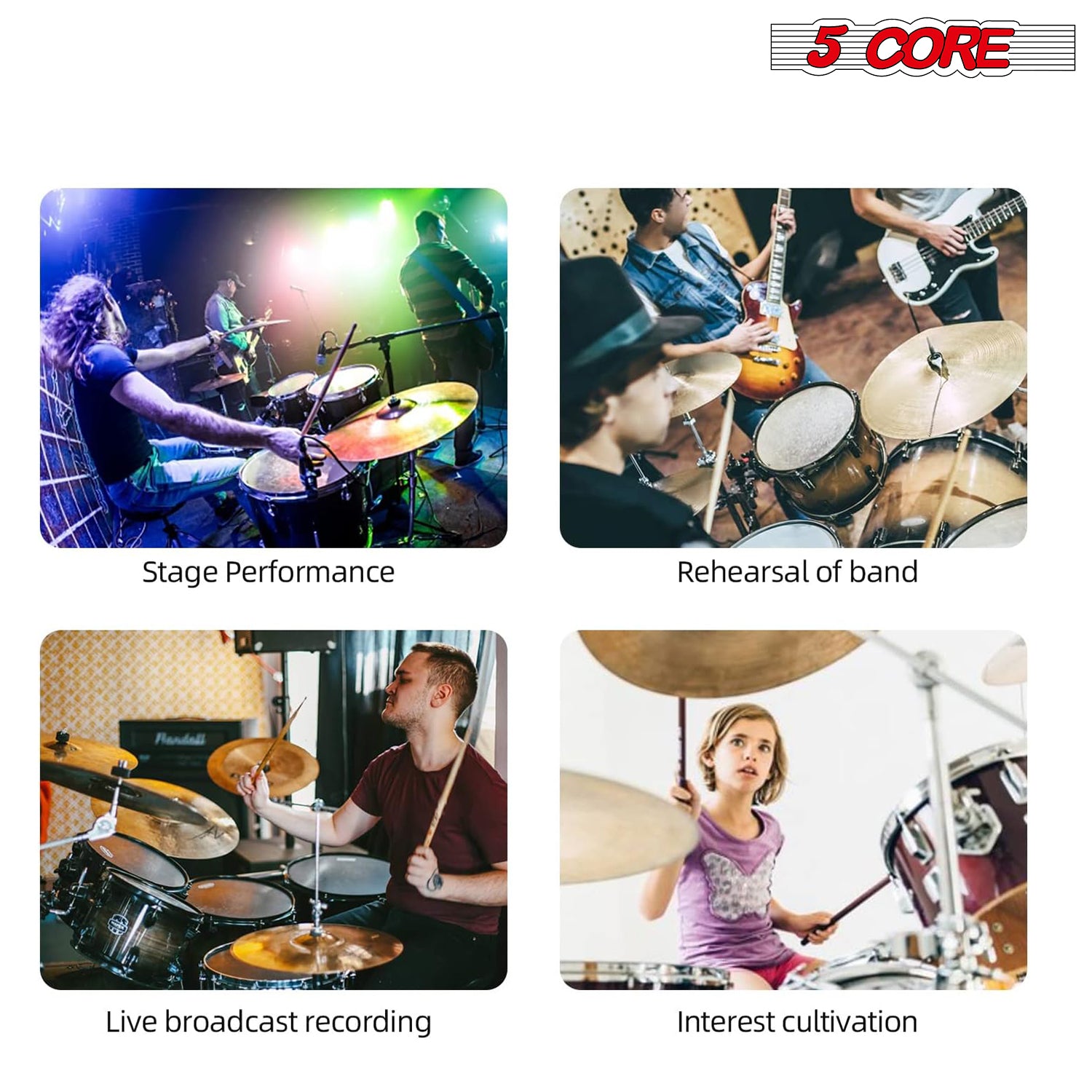 5 Core Drum Microphone Kit 9 Piece Wired Full Metal Dynamic Wired drums Mic Set for Drummers w/ Kick Bass Tom Snare + Silver Carrying Case Sponge & Thread Holder for Vocal & Other Instrument - DM 9RND BLK