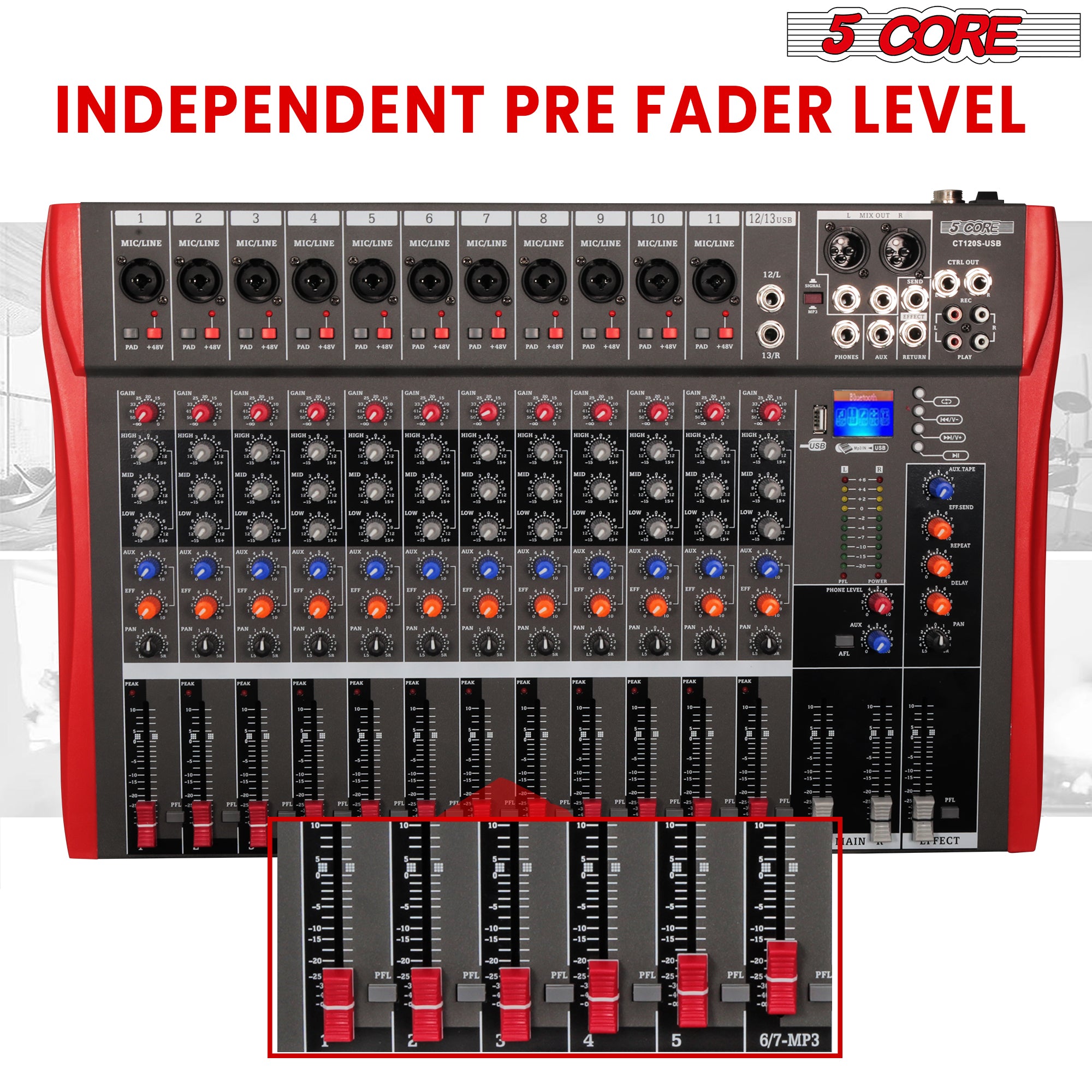 This Audio Mixer has Independent Pre Feder Level.