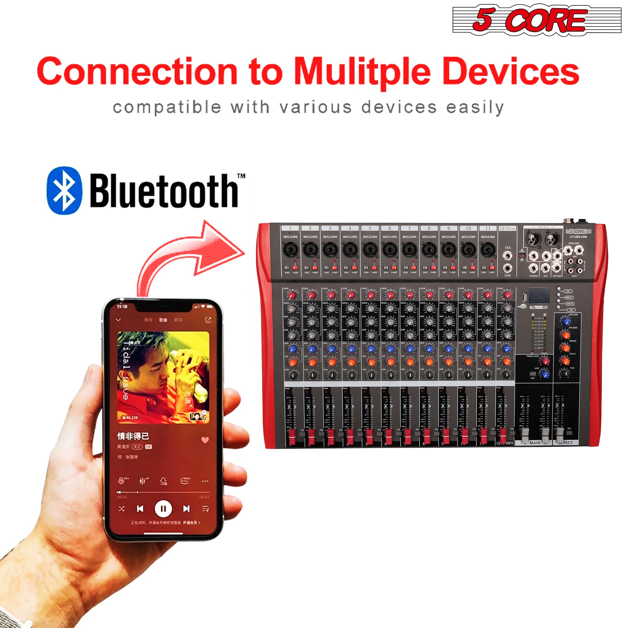 Audio mixer Connection to Multiple Devices. Compatible with various devices easily.