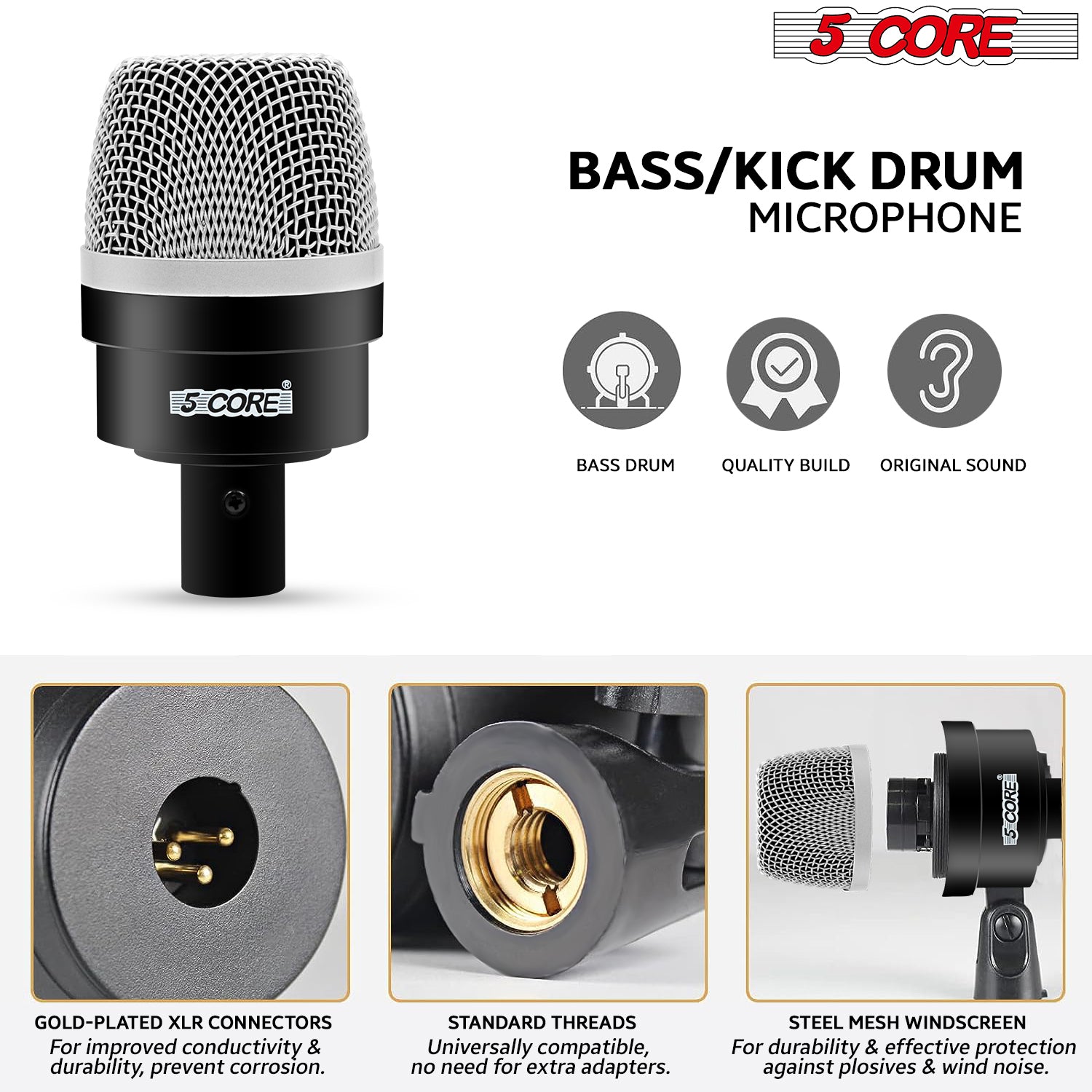 5Core Drum Mic Kit 7 Piece Dynamic XLR Kick Bass Tom Snare Microphone Set for Drummers