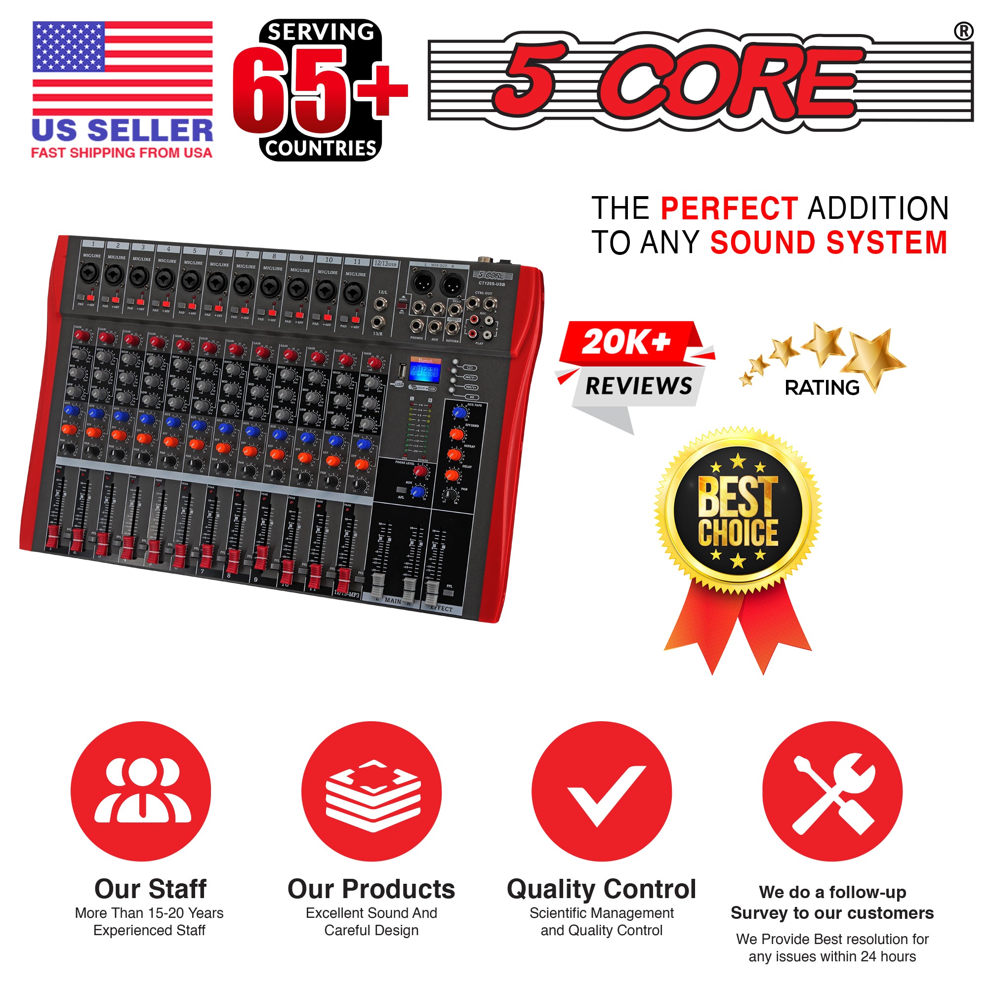 5 Core Audio Mixer 12 Channel DJ Controller Professional Sound Board Bluetooth USB