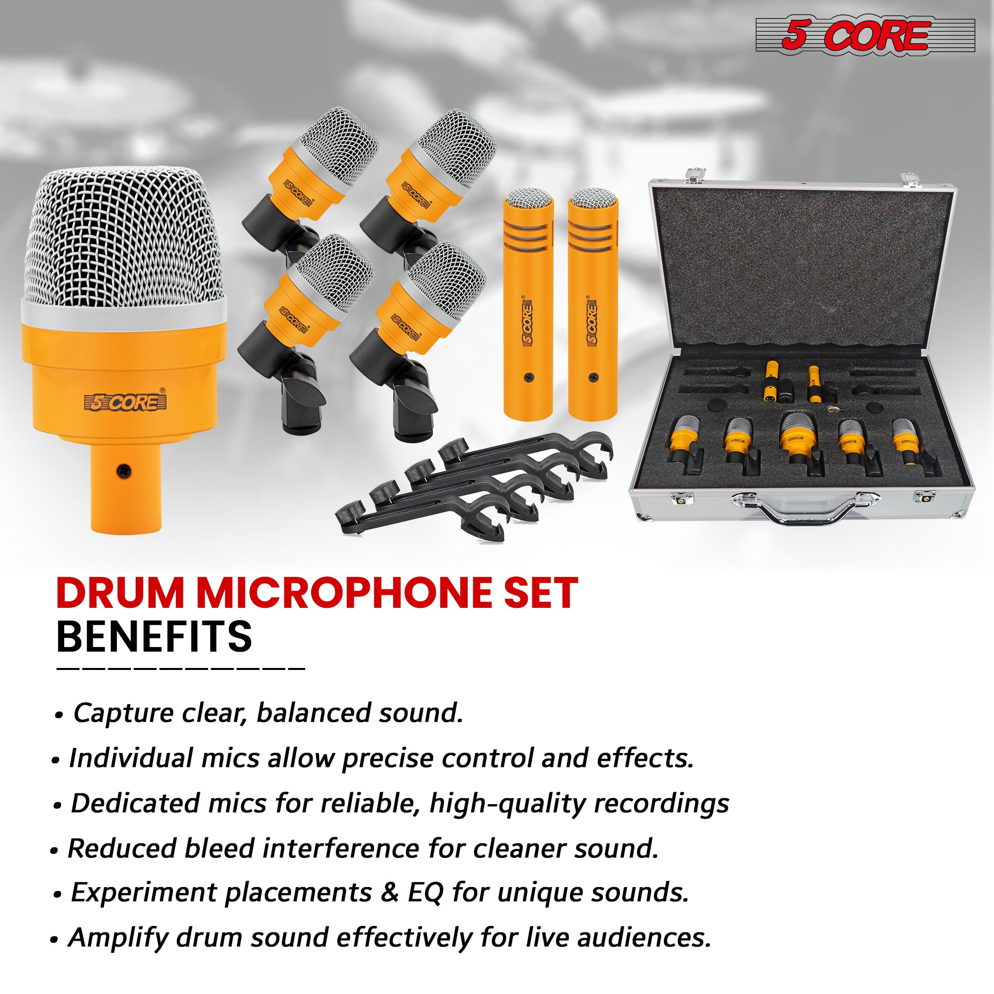 5 Core 7 Piece Drum Microphone Kit • Dynamic XLR Mic • Kick Bass Tom Snare Cymbal Set for Drummers