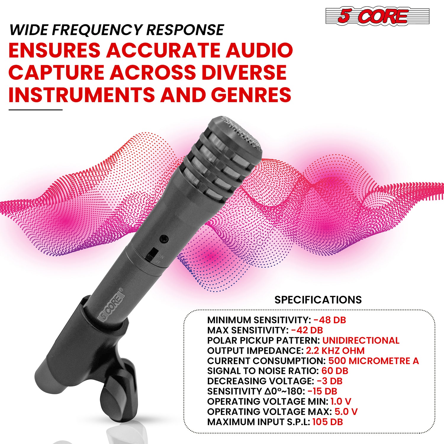 5 Core Instrument Microphone Cardioid Uni Directional Pickup for Live Performances and Recording