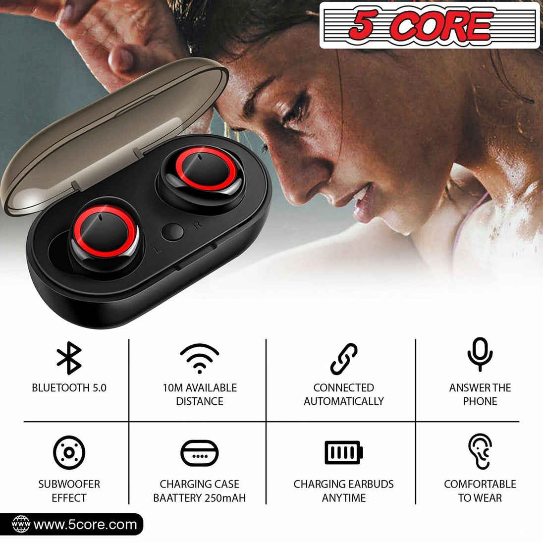 Portable Earbuds - 5 Core Wireless Mini Bluetooth Earbud Headphones, 32 Hours Playtime