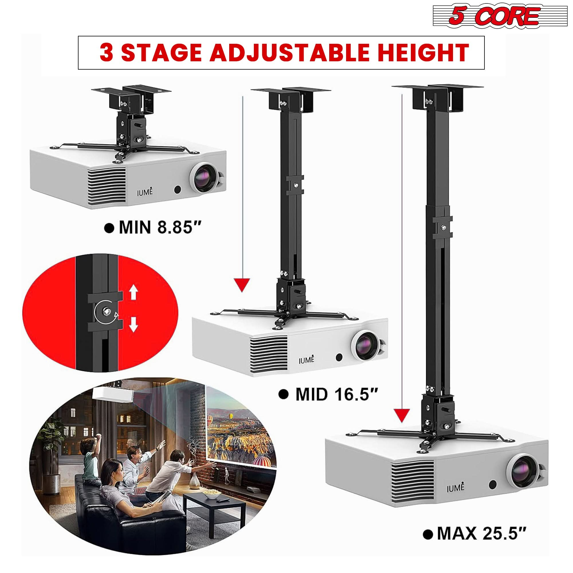 5Core Projector Mount Ceiling Wall Universal Holder Adjustable Low Profile Capacity 40lb BLACK