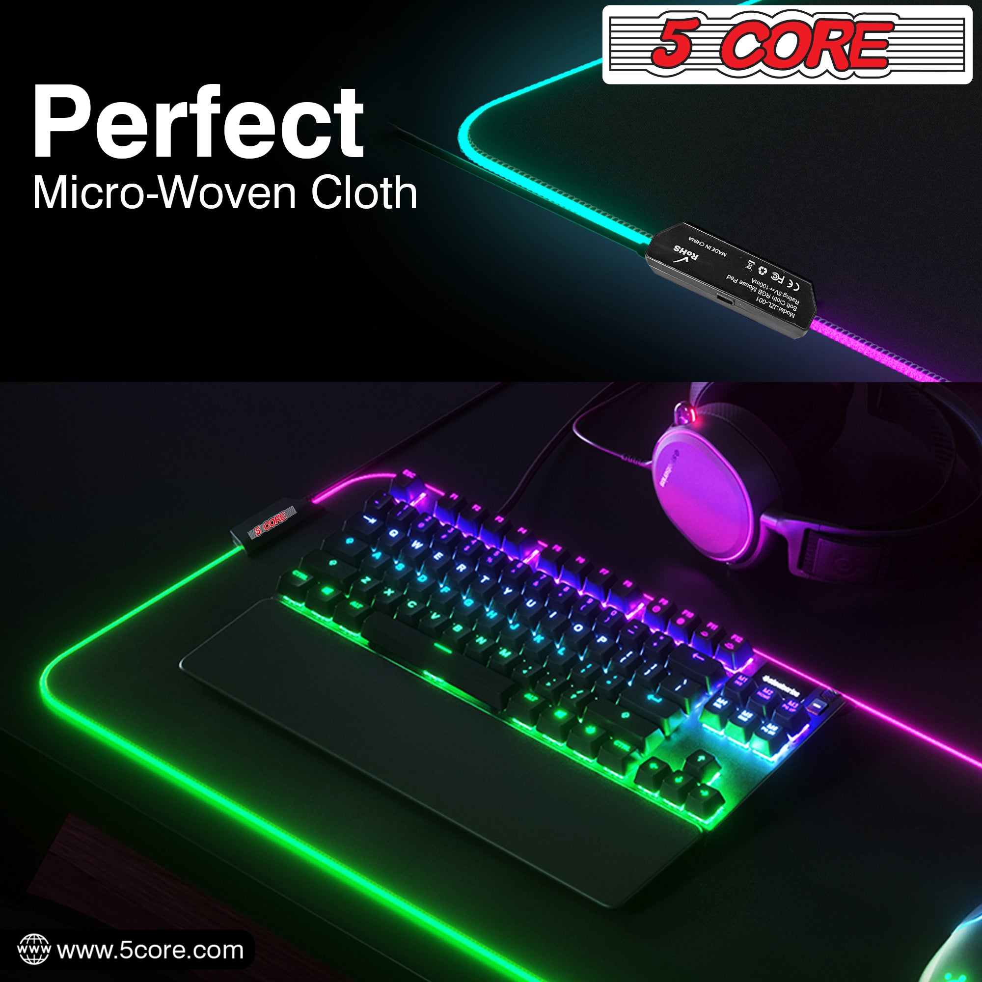 5 Core Gaming Mouse Pad RGB LED LightStandard Size with Durable Stitched Edges and Non-Slip Rubber Base Large Gaming Desk Mouse -MP 300 RGB