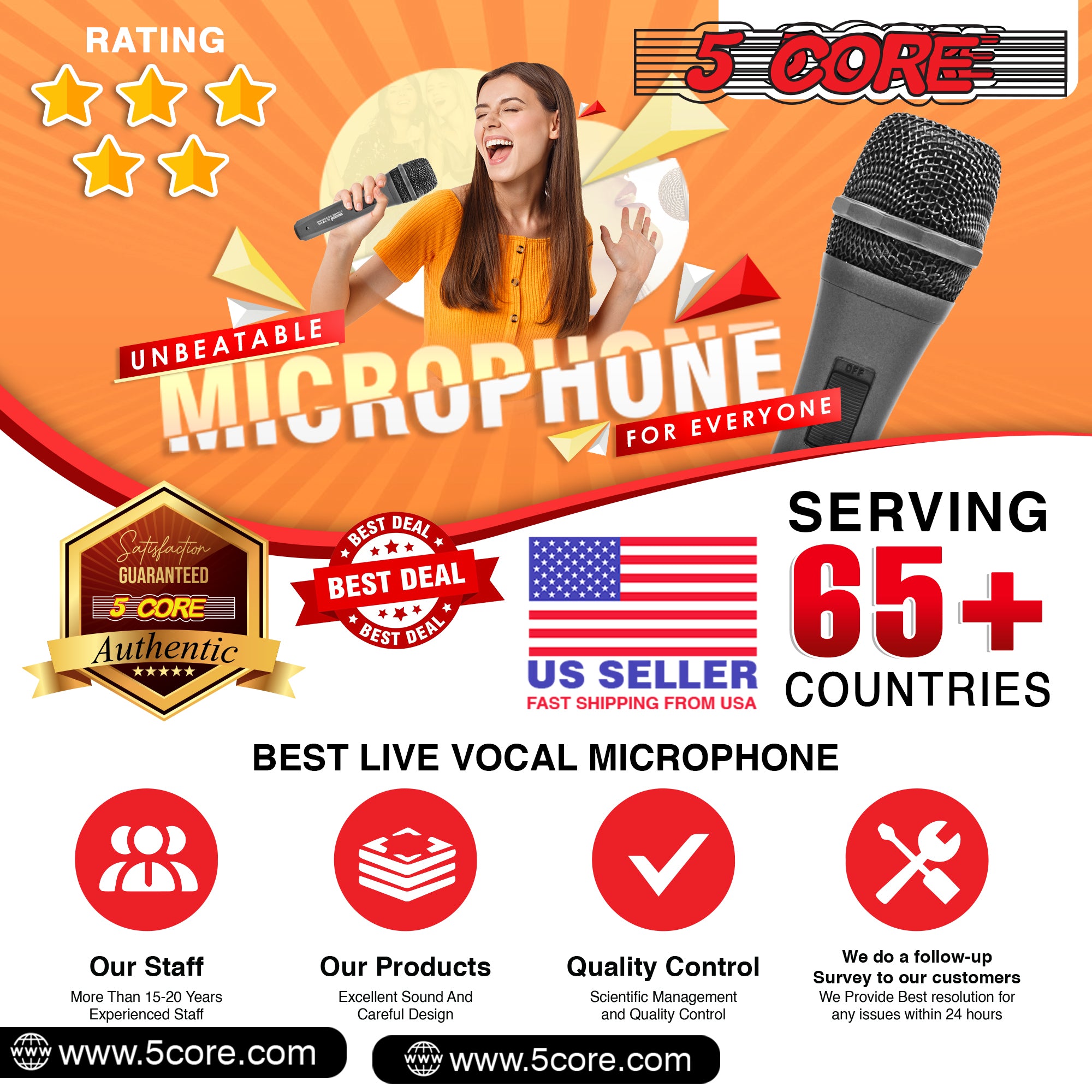 5 Core Microphone Professional Dynamic Karaoke XLR Wired Mic w ON/OFF Switch Pop Filter Cardioid Unidirectional Pickup Handheld Micrófono - PM 608