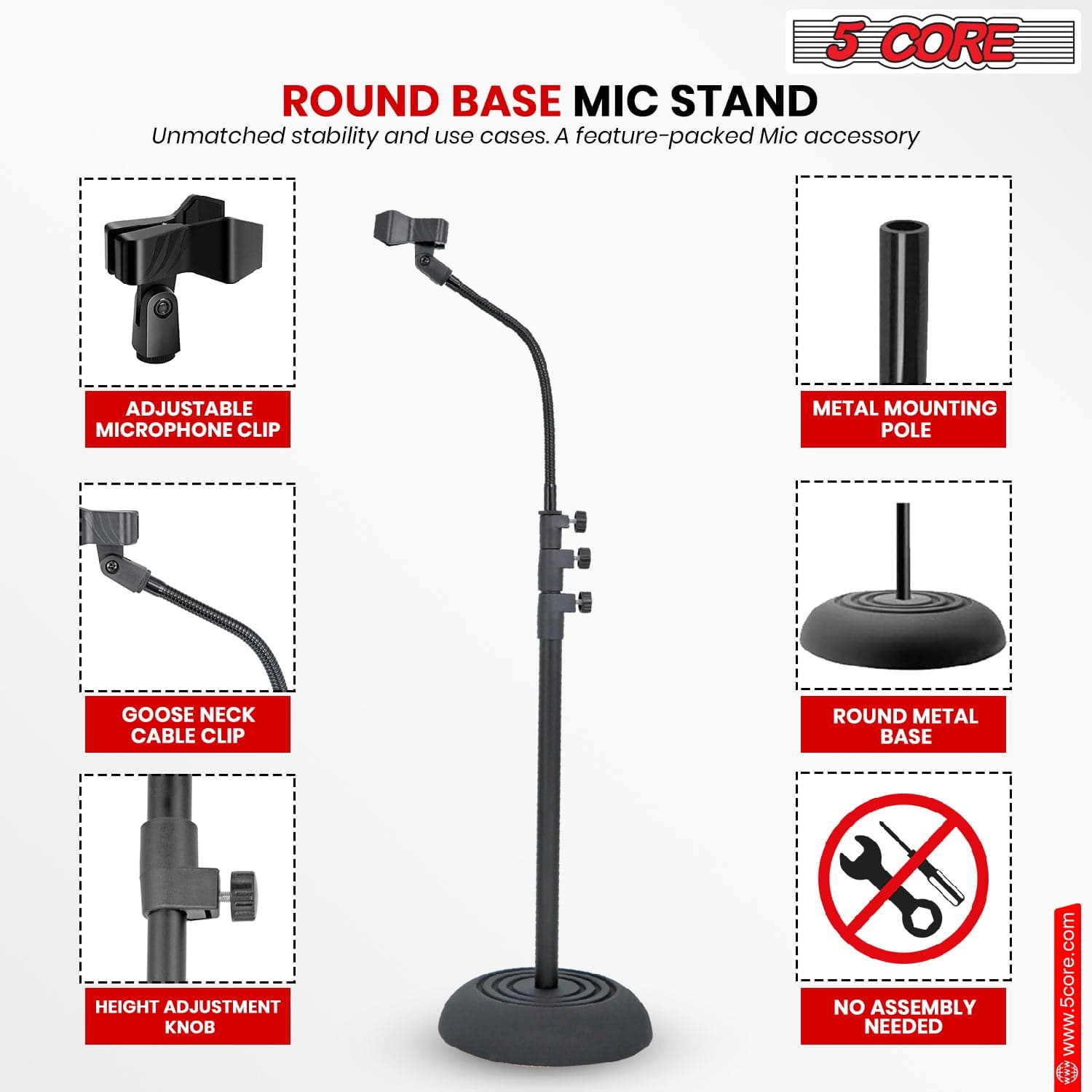 5Core Mic Stand Floor Adjustable Universal Heavy Duty Gooseneck Microphone Stands Round Base Soporte De micrófono