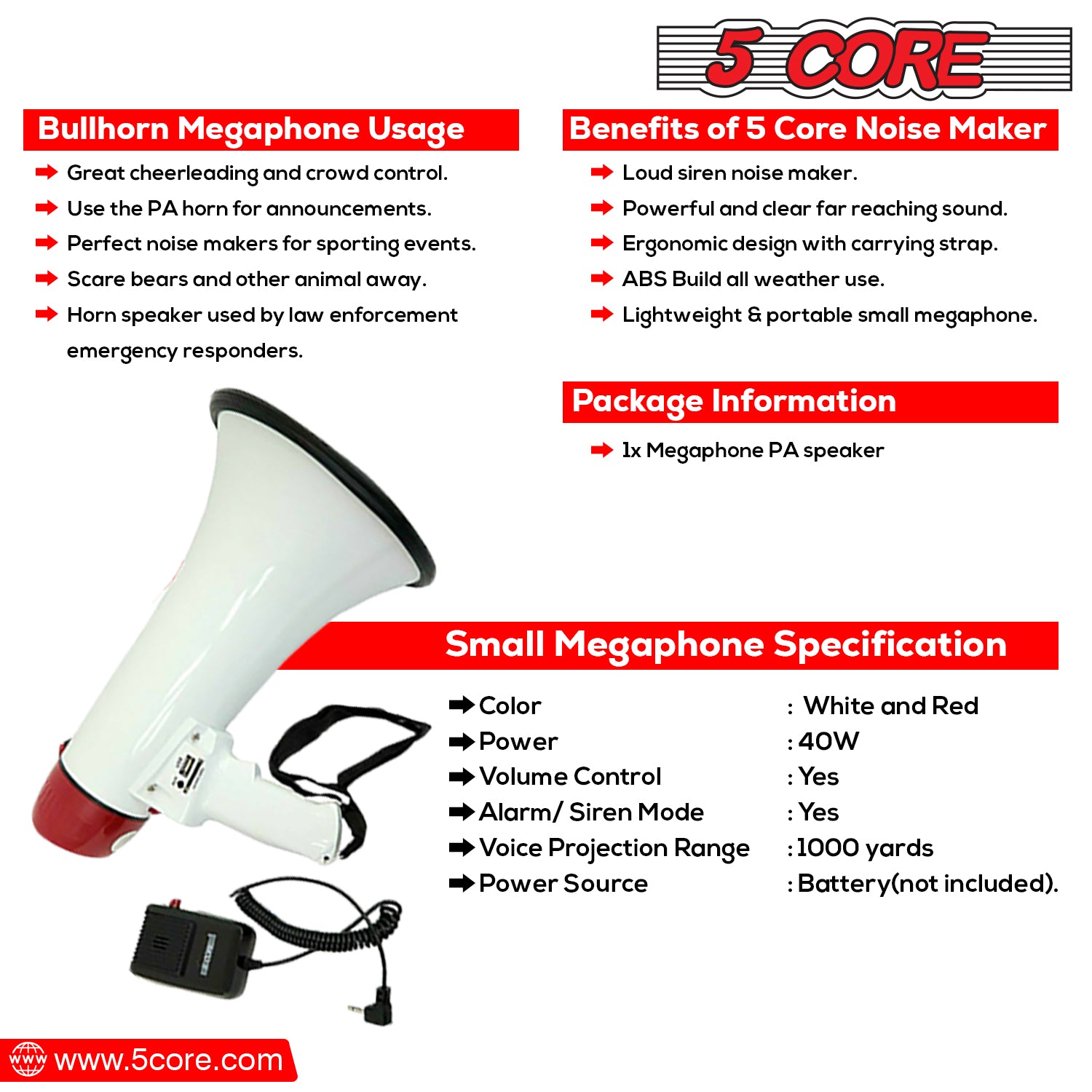 5 Core Megaphone Speaker Portable • 40W Bullhorn Loudspeaker w Siren Adjustable Volume Bull Horn