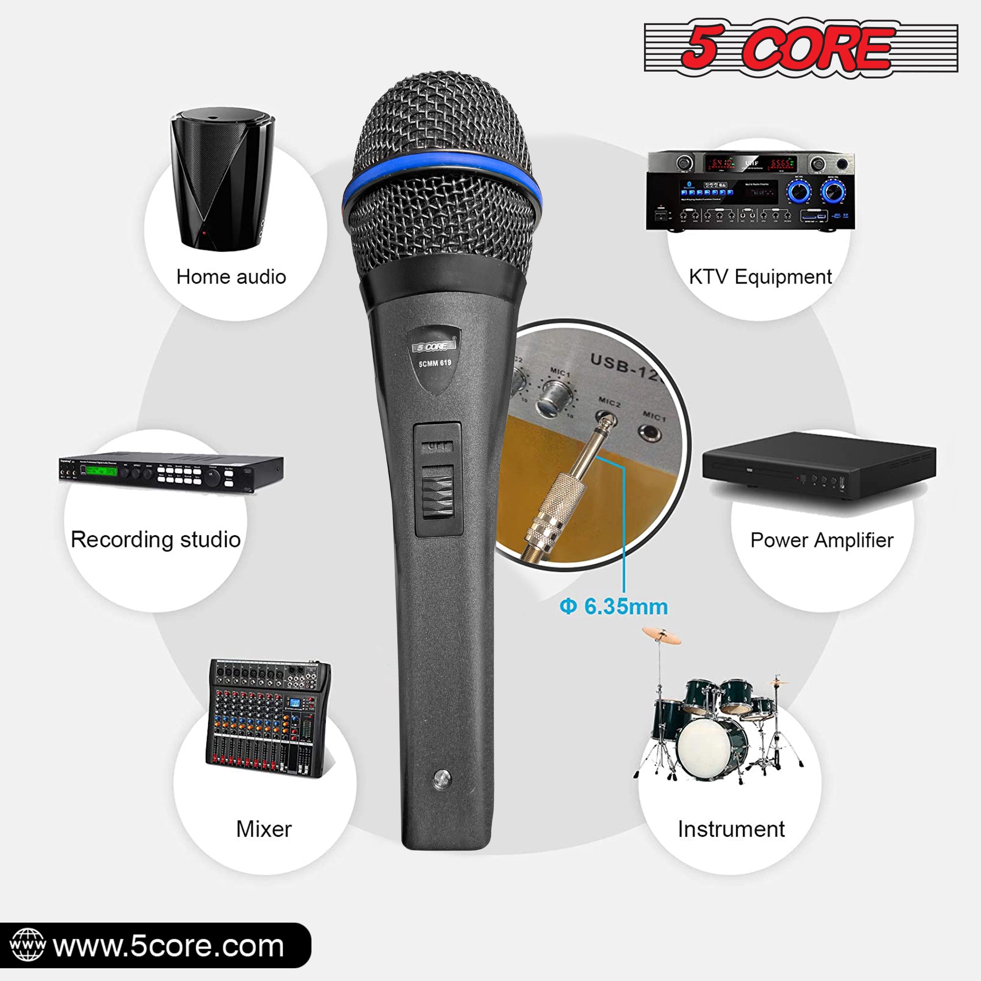 5 Core Microphone Karaoke XLR Wired Mic Professional Studio Microfonos w ON/OFF Switch Pop Filter Dynamic Cardioid Unidirectional Pickup -PM 619