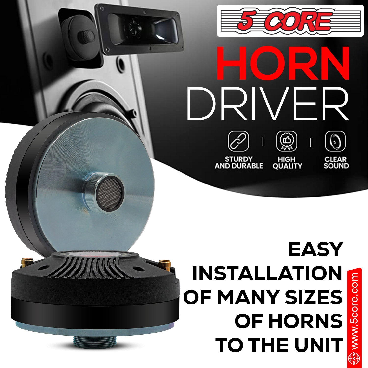 5 Core Horn Tweeter Replacement Compression Driver 135W RMS Tweeter 8 Ohm Compact PA Horn Speakers Heavy Duty All Weather Use Audio Horn Speakers 18 T.P.I Tapping - CD 135