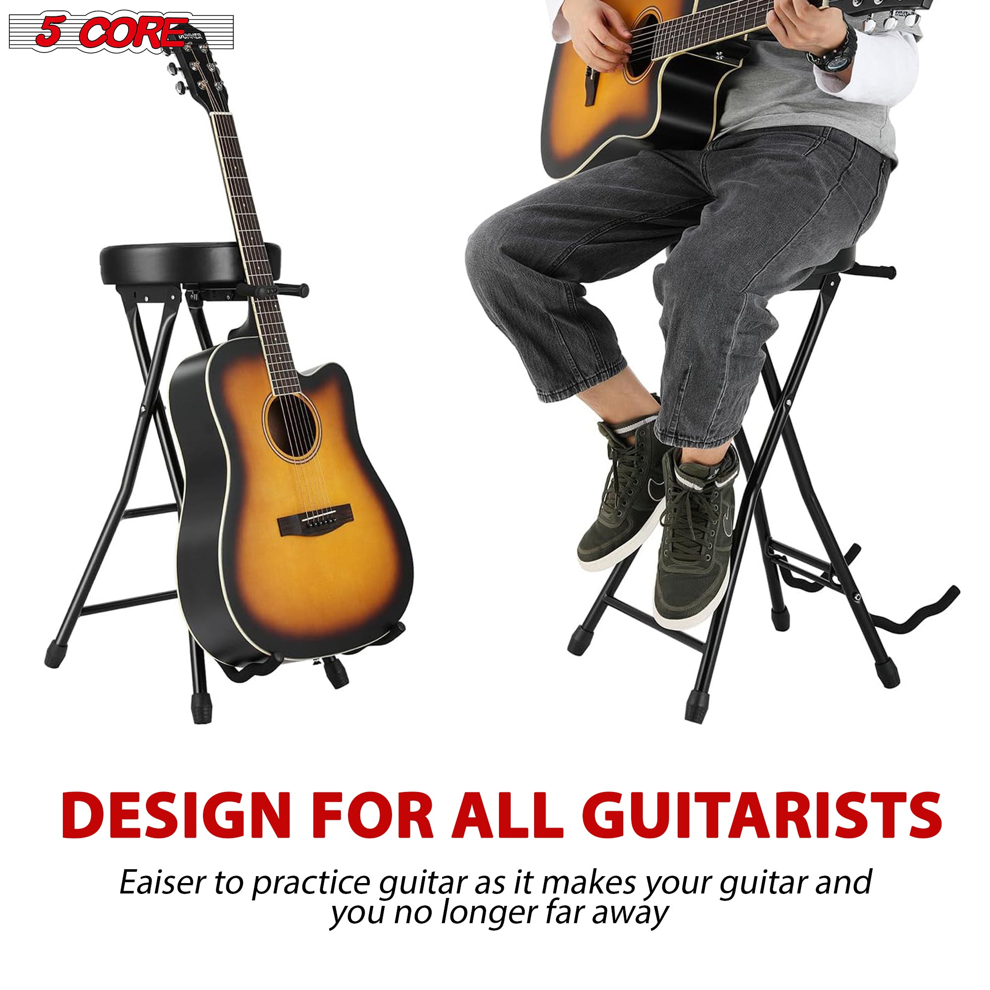 5 Core Guitar Stool Seat, Super Comfortable and Durable Guitar Stand Chair with Padded Guitar Holder for Guitar Players and Musicians- GSTOOL BLK