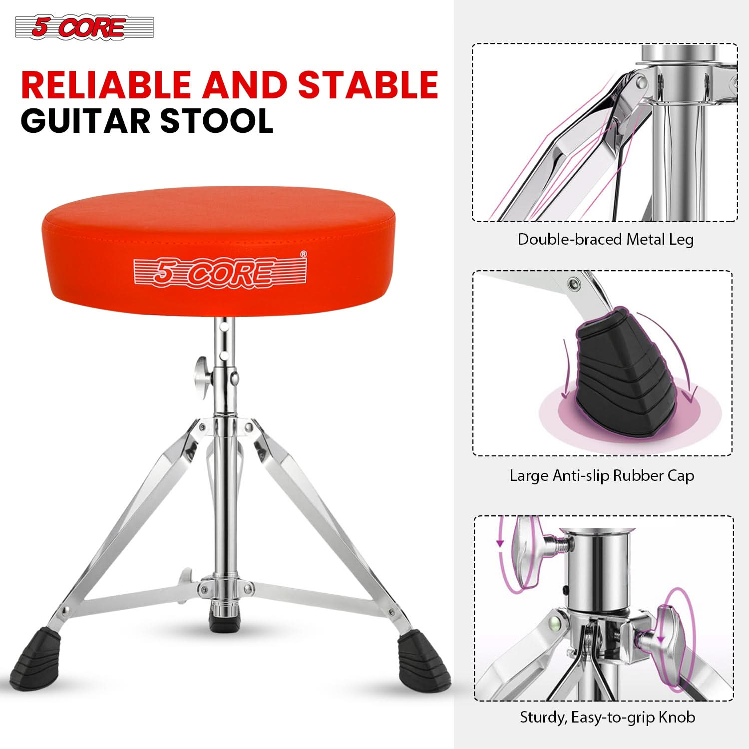 Durable drummer seats for adults and kids with double-braced metal legs, large anti-slip rubber caps, and sturdy, easy-to-grip knob