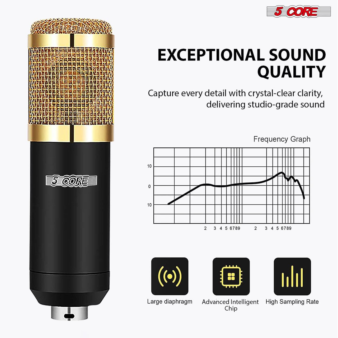 5Core Recording Microphone Podcast Bundle  Professional Condenser Cardioid Mic Kit  w Boom Arm